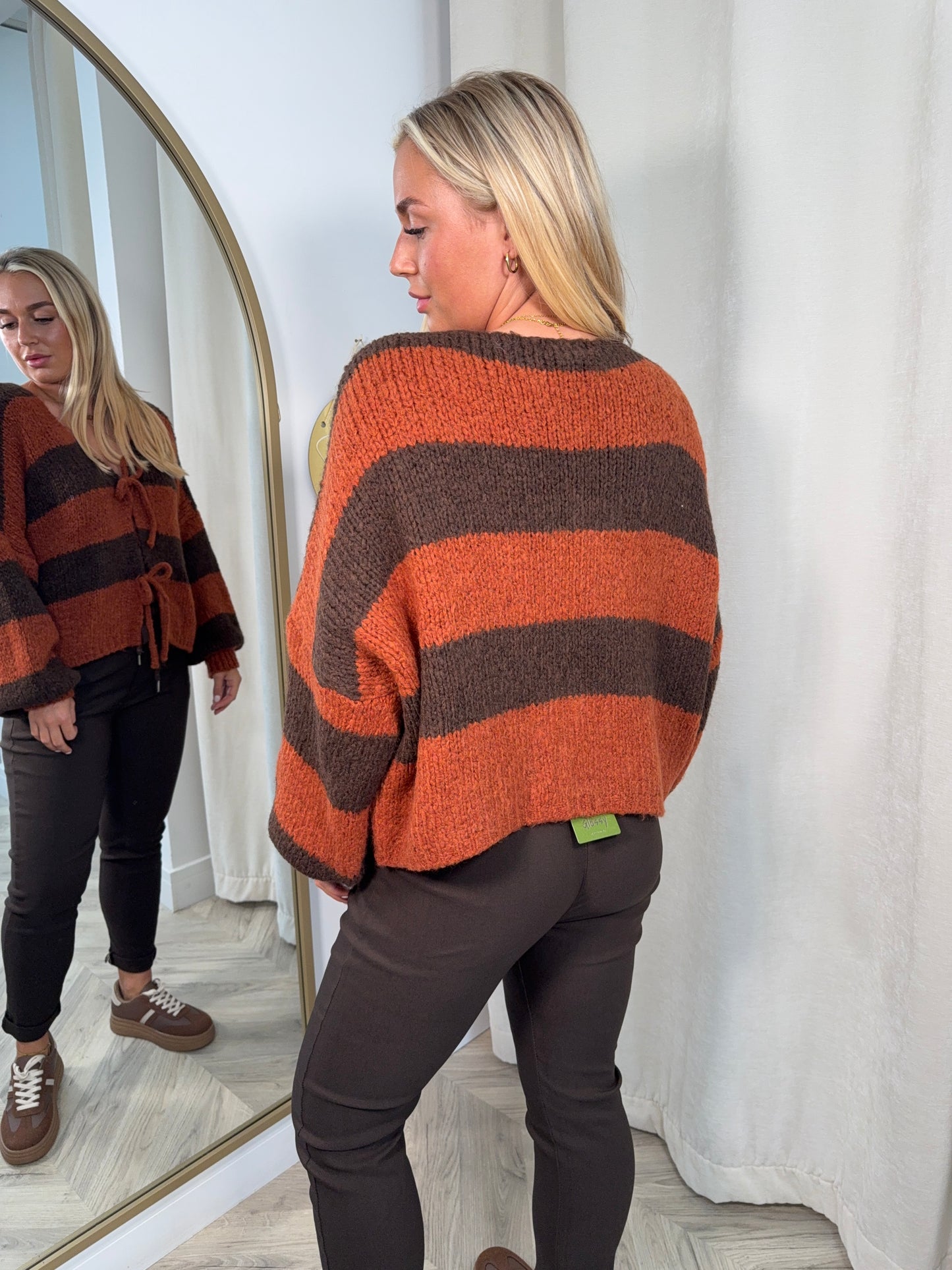 Patsy Stripped Tie Cardigan - Rust/Brown
