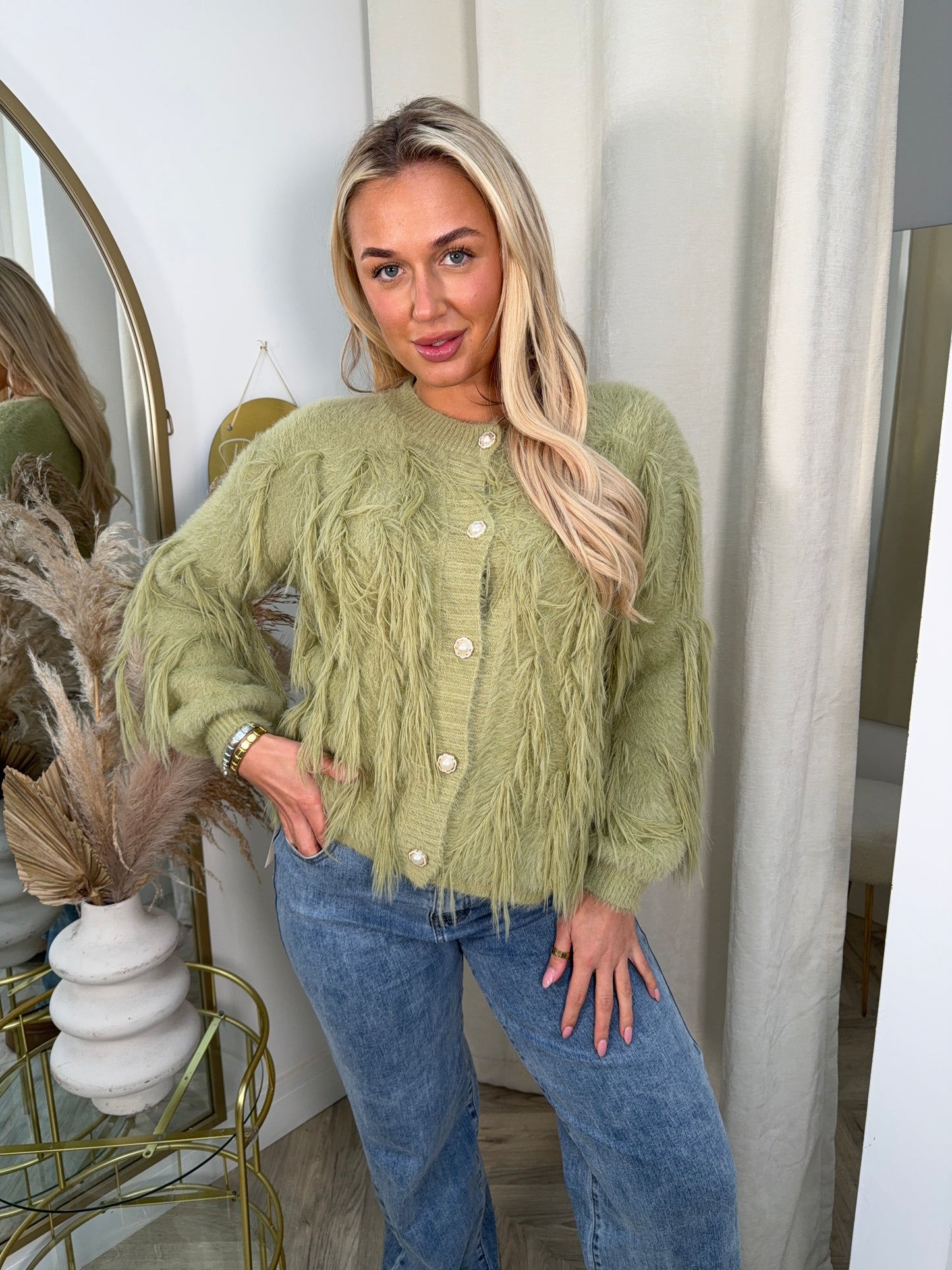 Zoey Sage Green Tassel Pearl Buttoned Cardigan