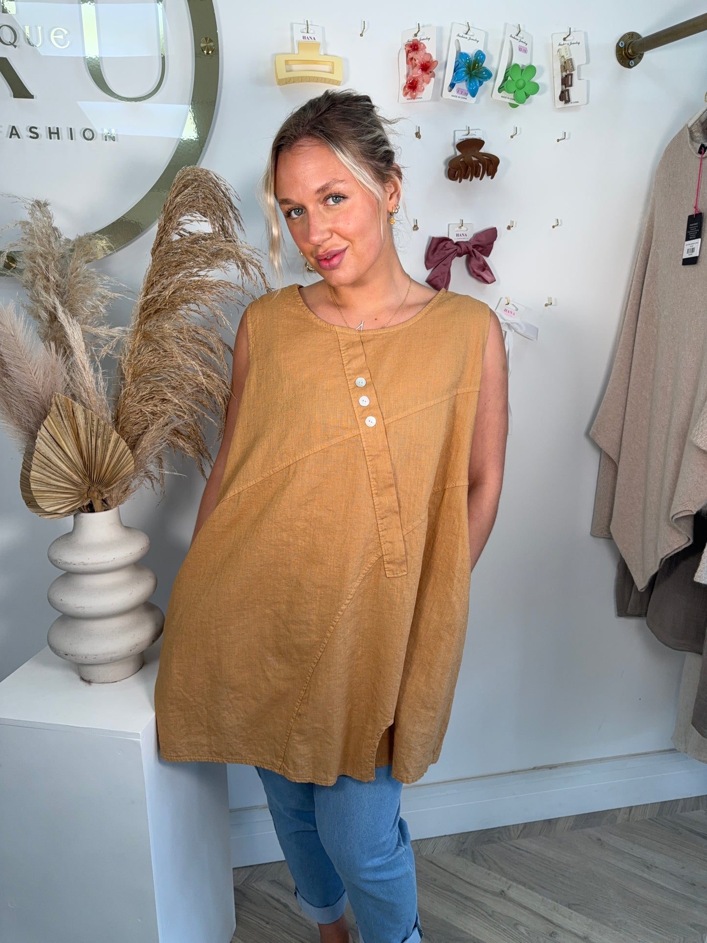 Pops Linen Vest Top - Camel