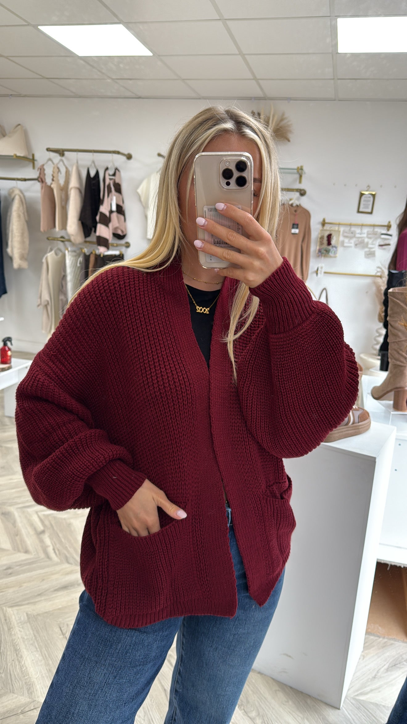 Short Balloon Sleeve Cardigan - Burgundy