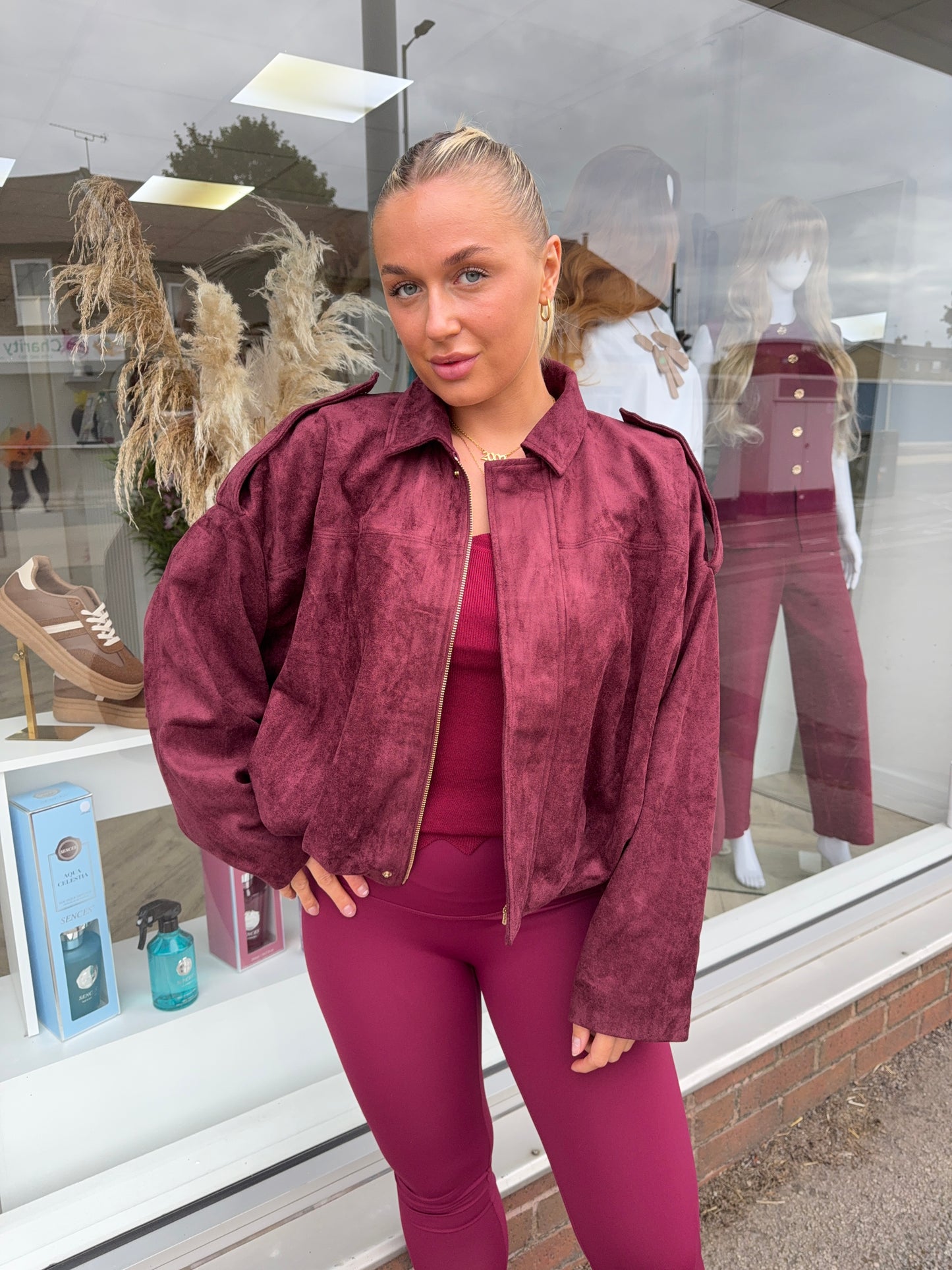 Edith Suede Bomber Style Jacket - Burgundy