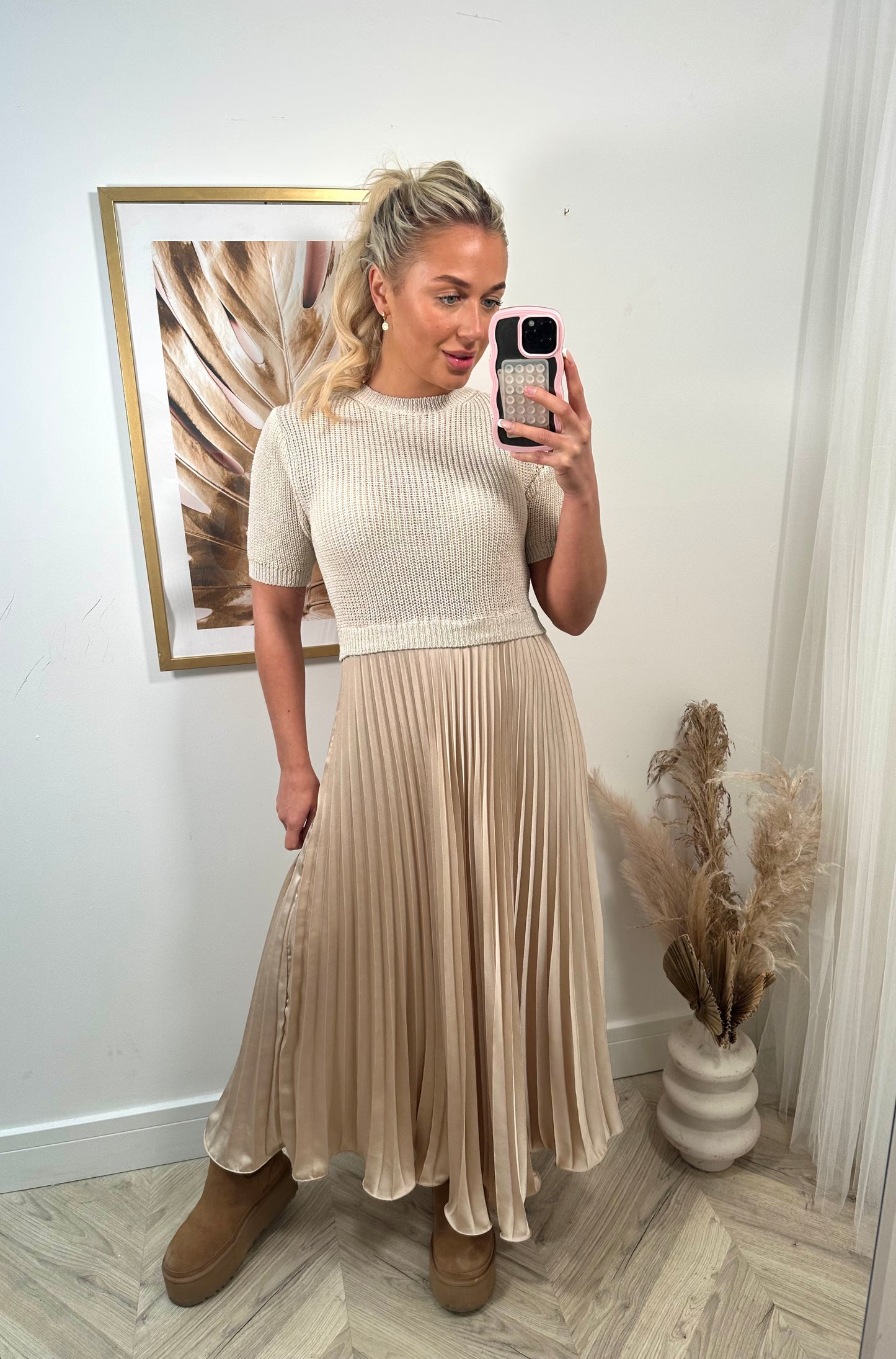 Gem Pleated Maxi Dress - Beige