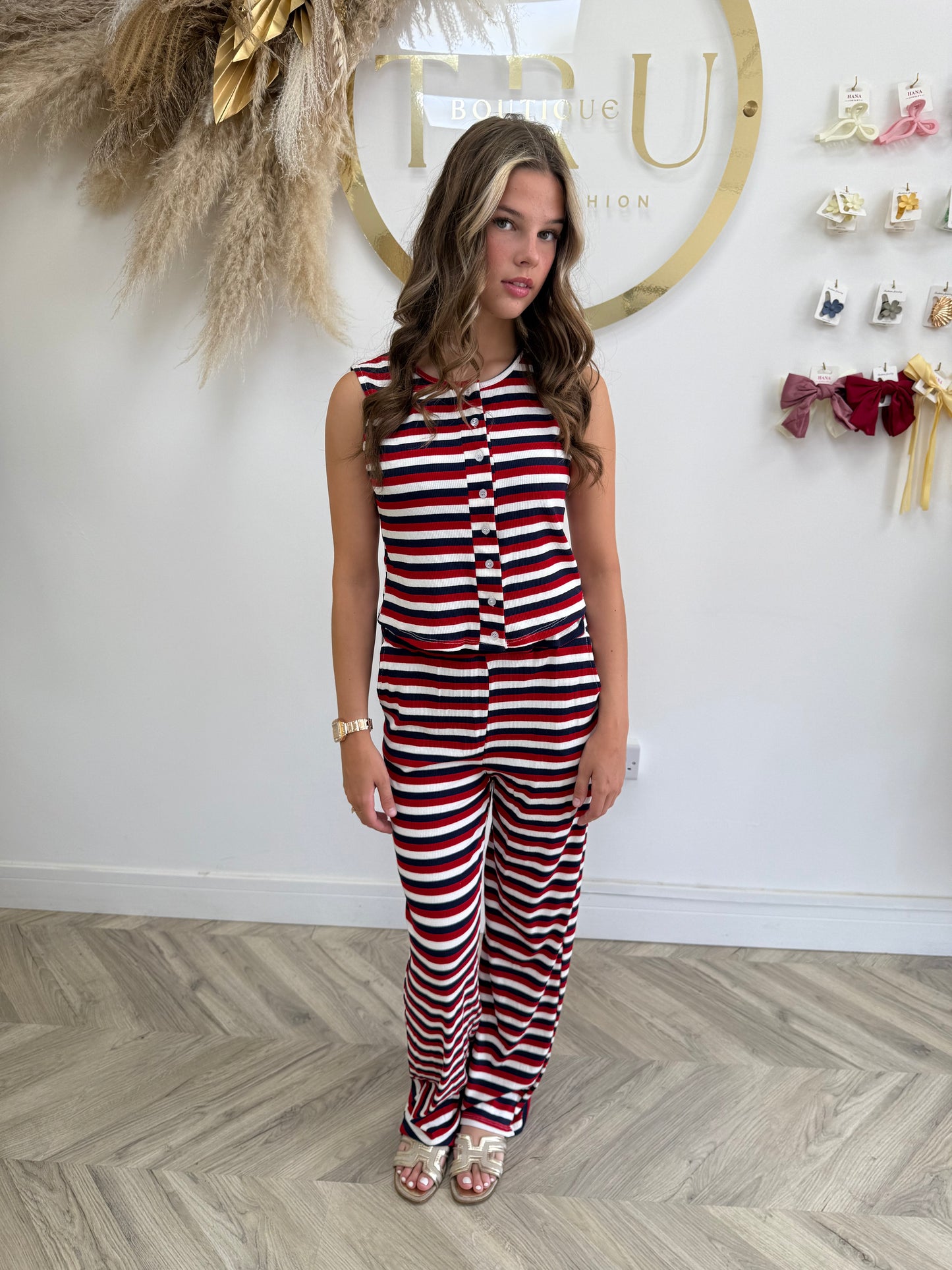 Nellie Stripped Buttoned Front Set - Red & Navy