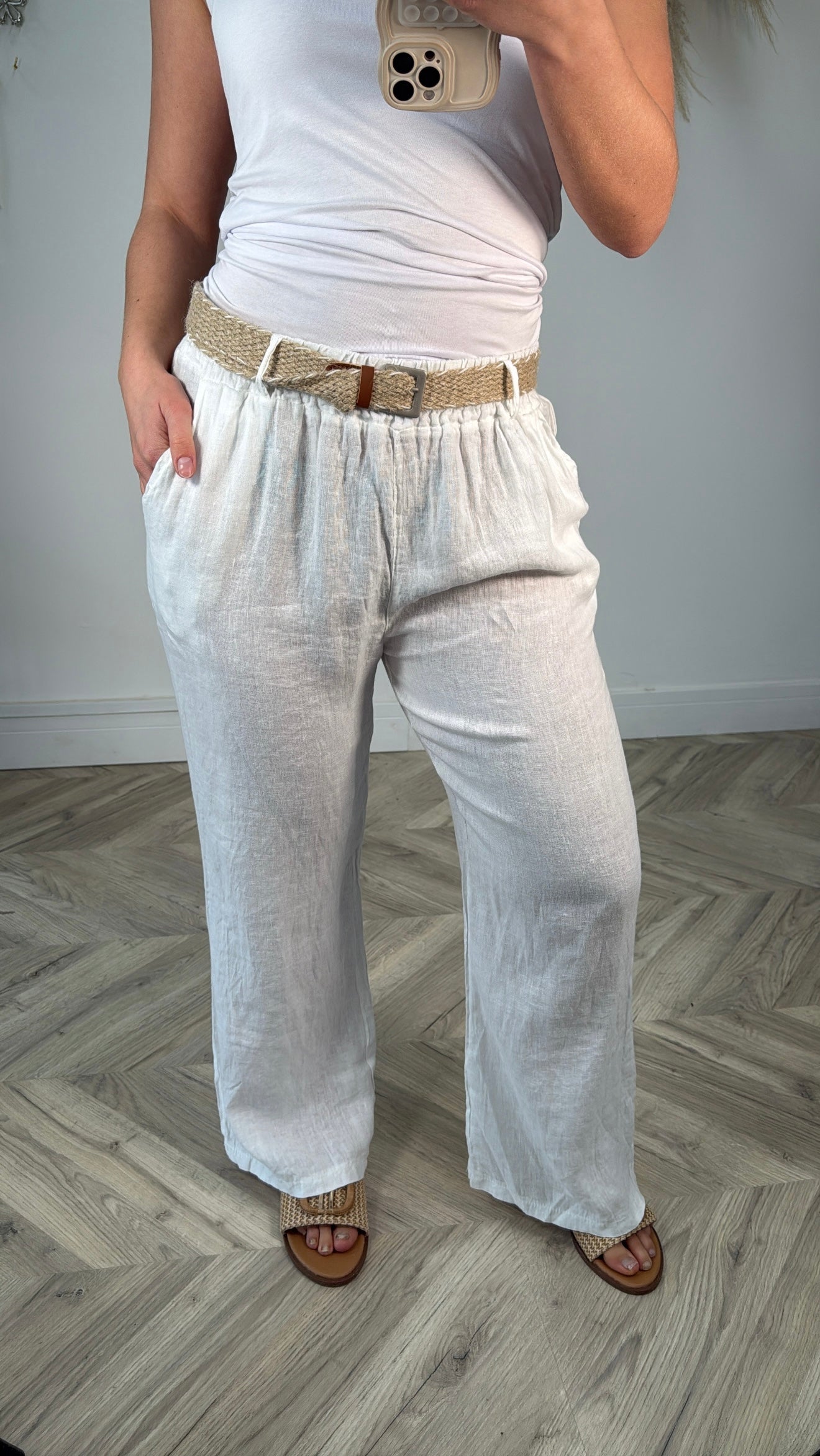 Prisha Belted Linen Trousers - White