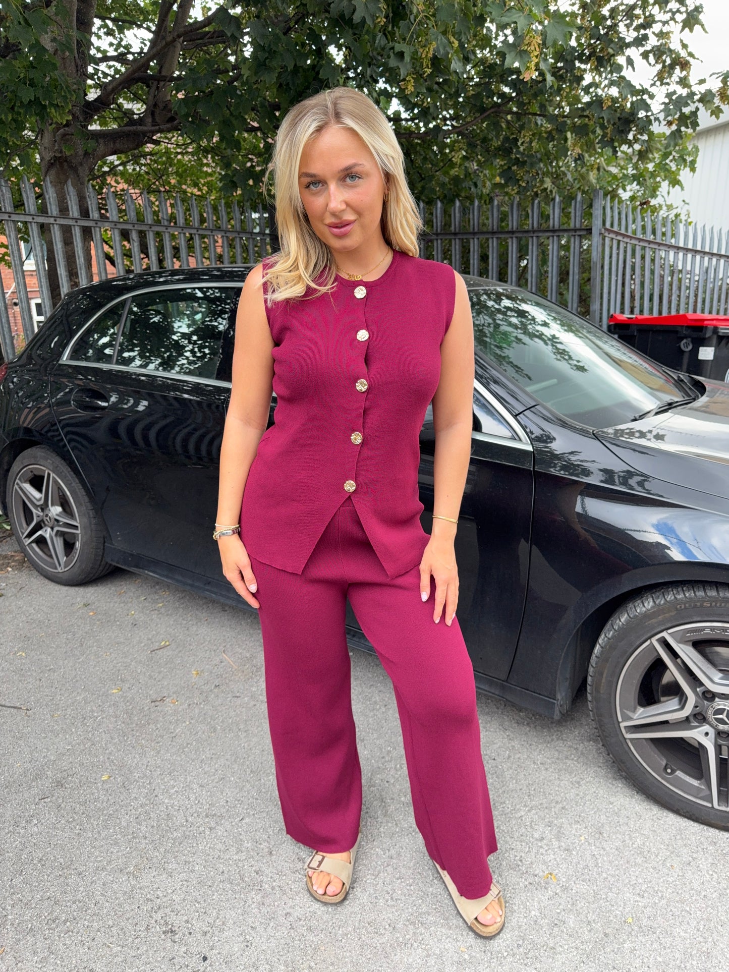 Isabella Gold Buttoned Knitted Set - Burgundy