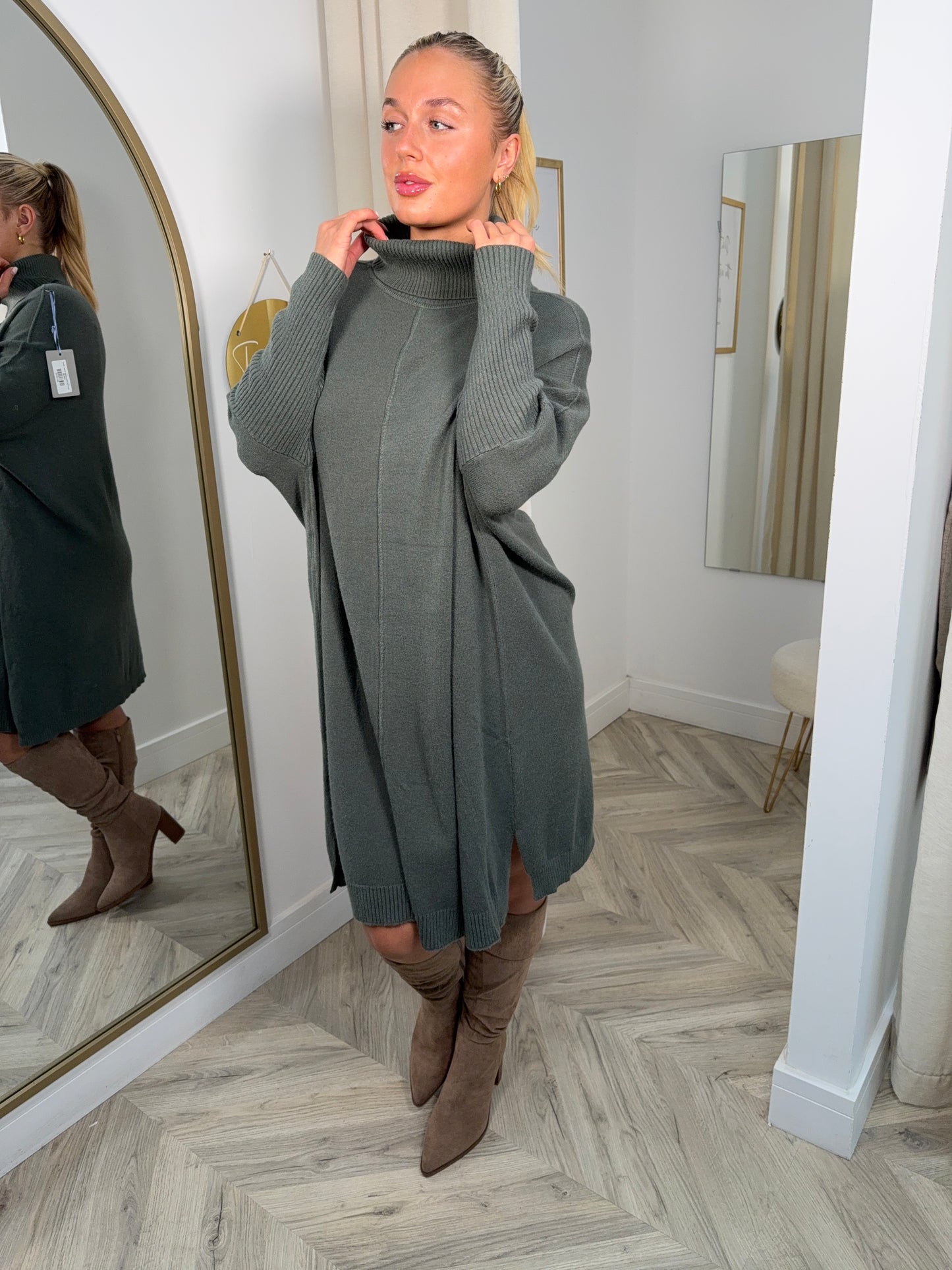 Juna High Neck Jumper Dress - Khaki