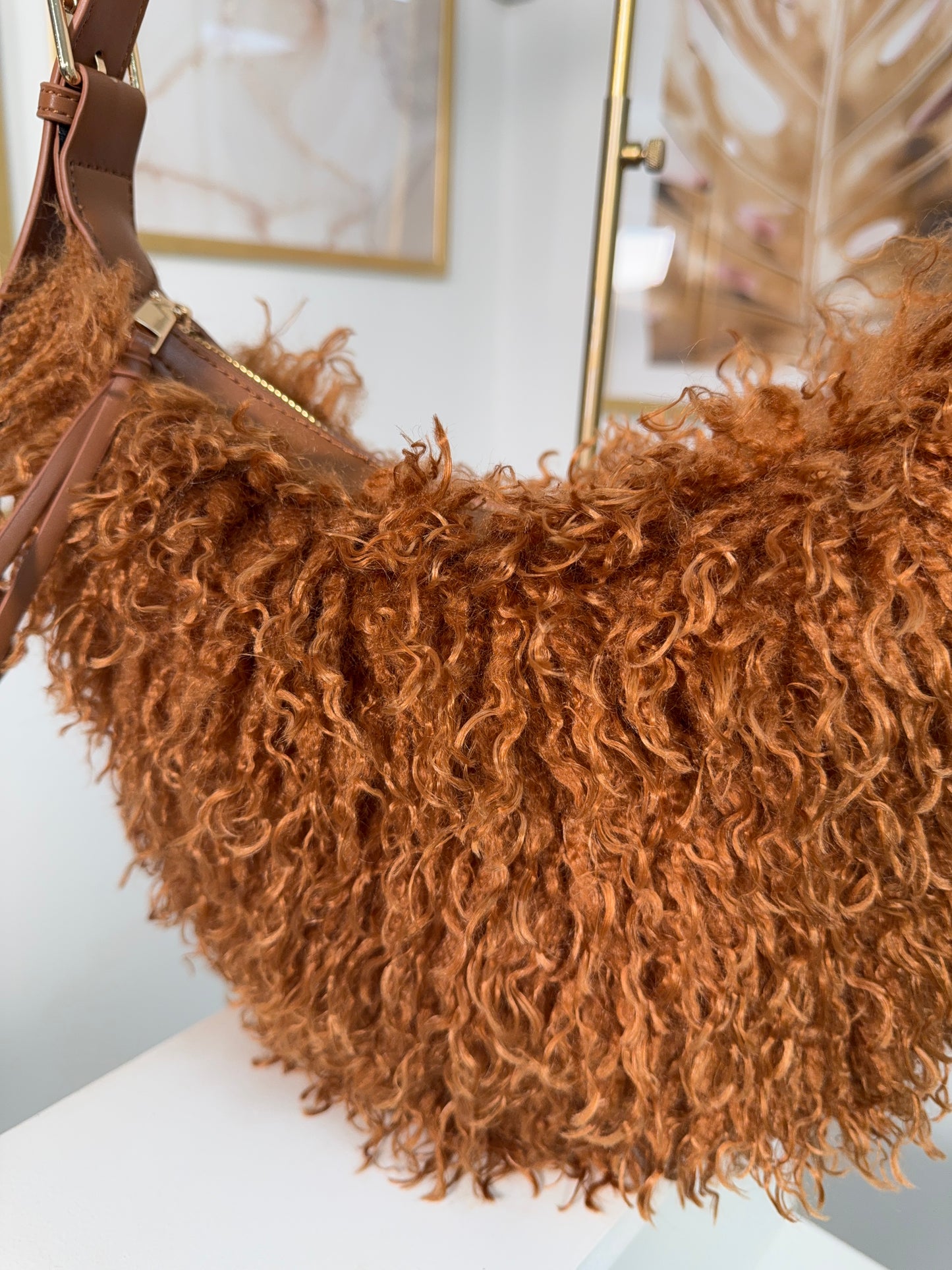 Cally Shaggy Fur Crossbody Bag - TAN