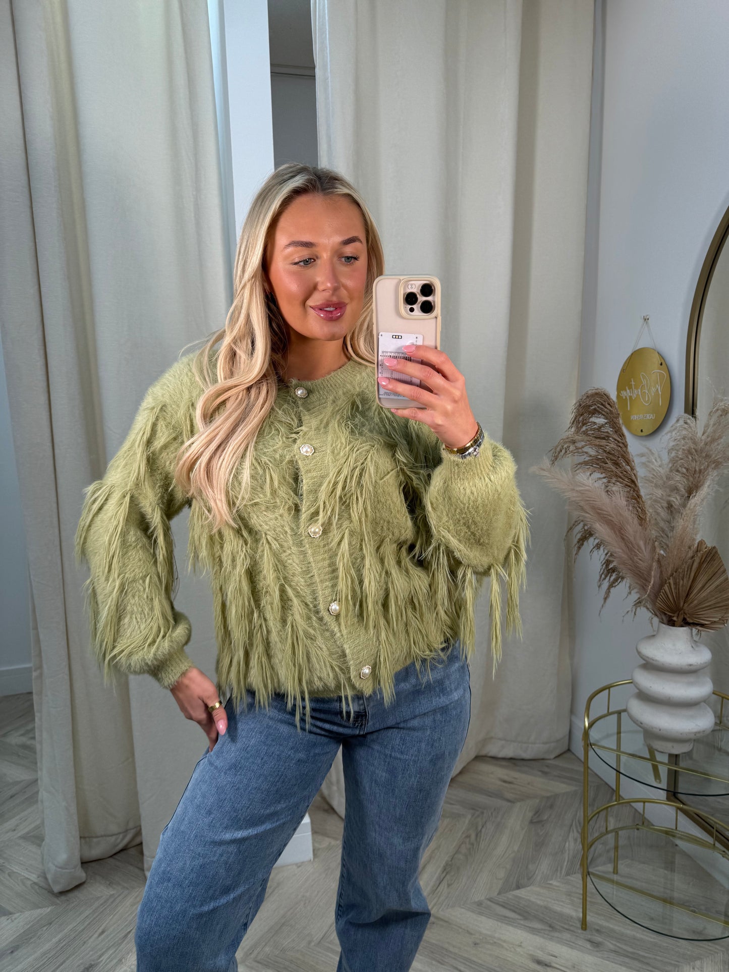 Zoey Sage Green Tassel Pearl Buttoned Cardigan