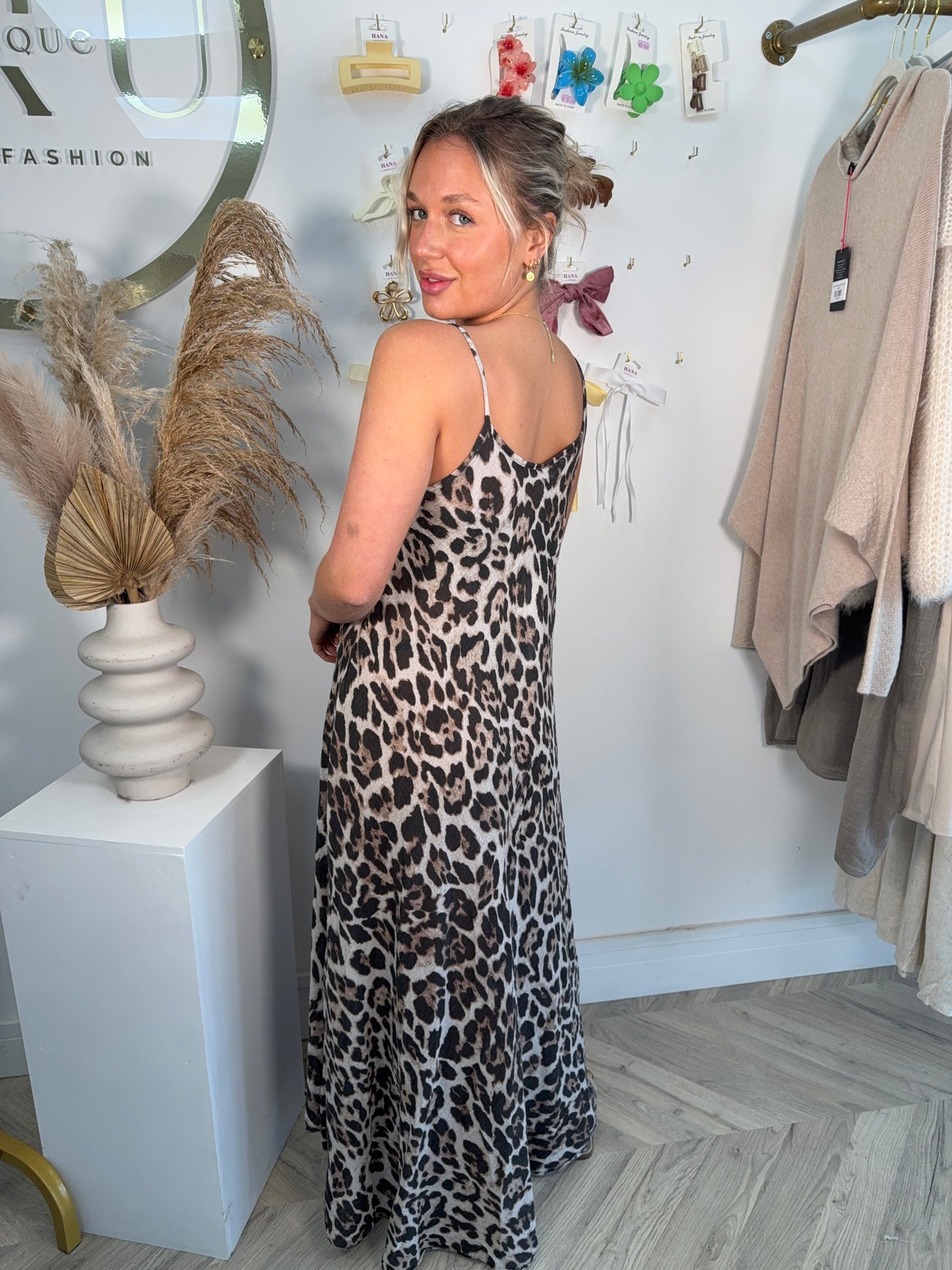 Leopard Linen Maxi Strappy Dress