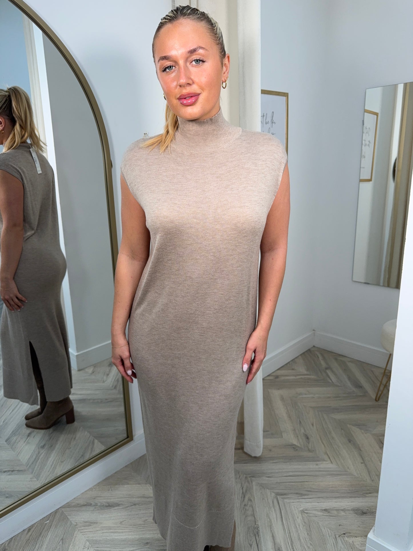 Mireille High Neck Knitted Maxi Dress - STONE