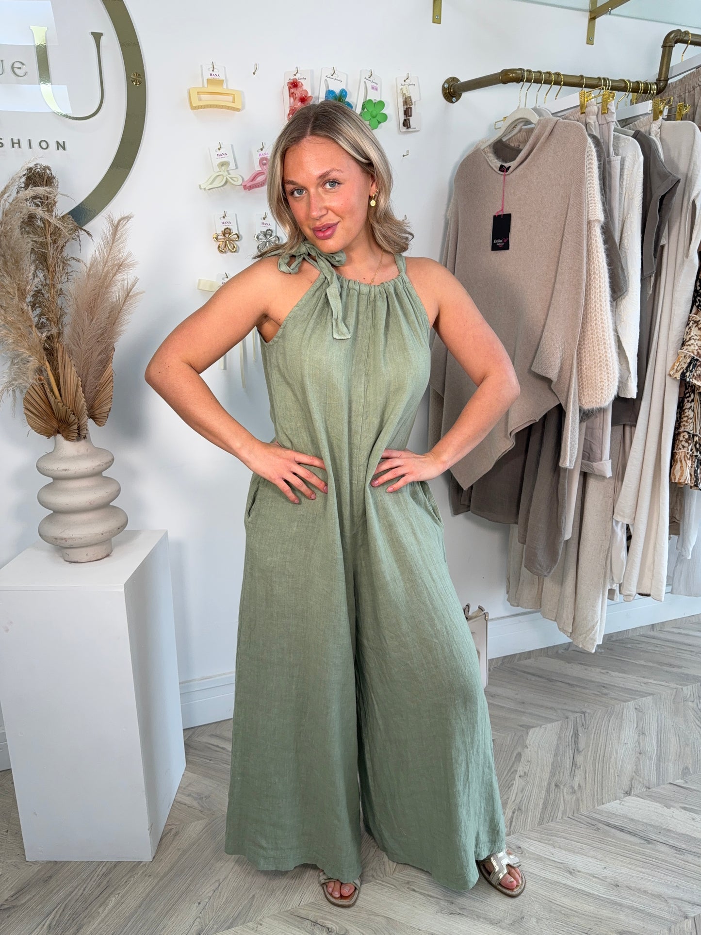 Stevie Linen Bow Tie Jumpsuit - Khaki