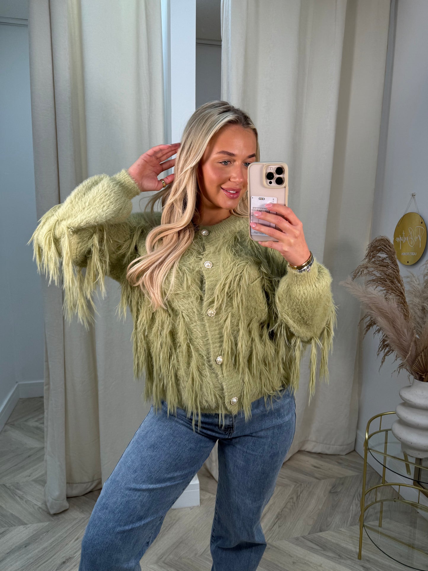 Zoey Sage Green Tassel Pearl Buttoned Cardigan