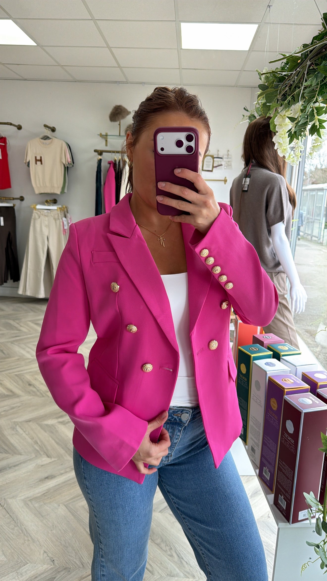 Harper Gold Buttoned Structured Blazer - Raspberry
