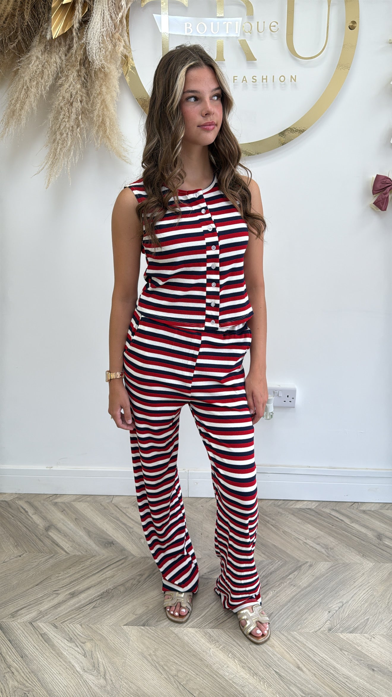 Nellie Stripped Buttoned Front Set - Red & Navy