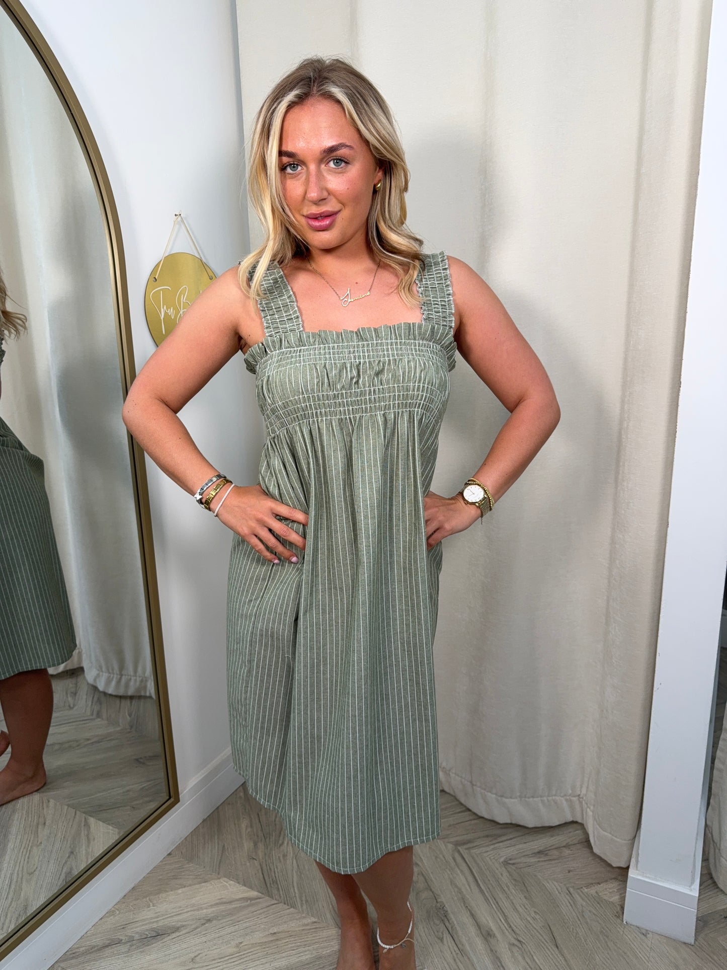 Clarissa Stripe Midi Dress - Khaki