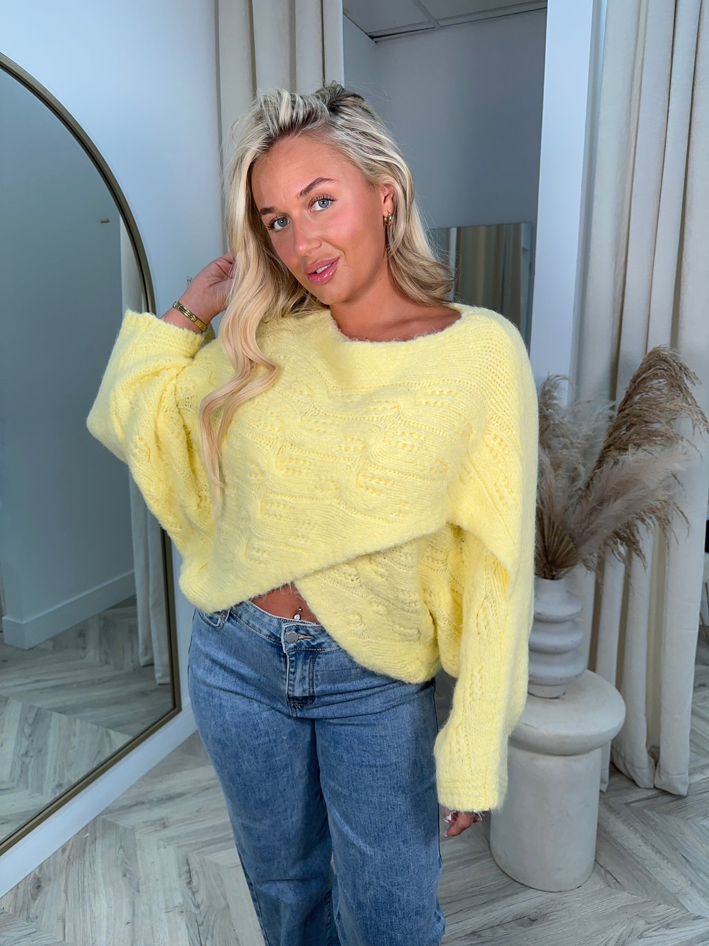 Amanda Crochet Knit Cross Sweater - Lemon