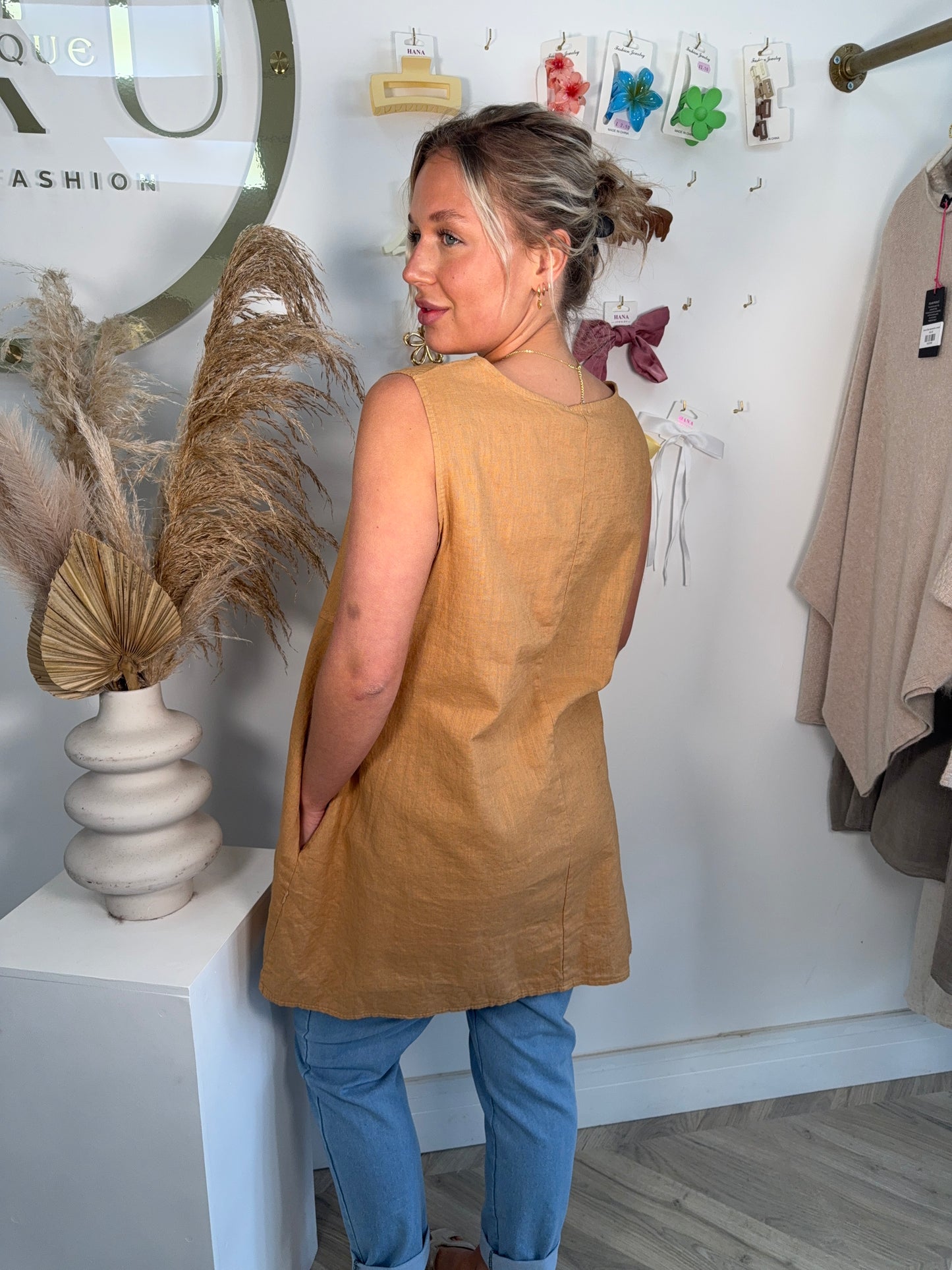 Pops Linen Vest Top - Camel