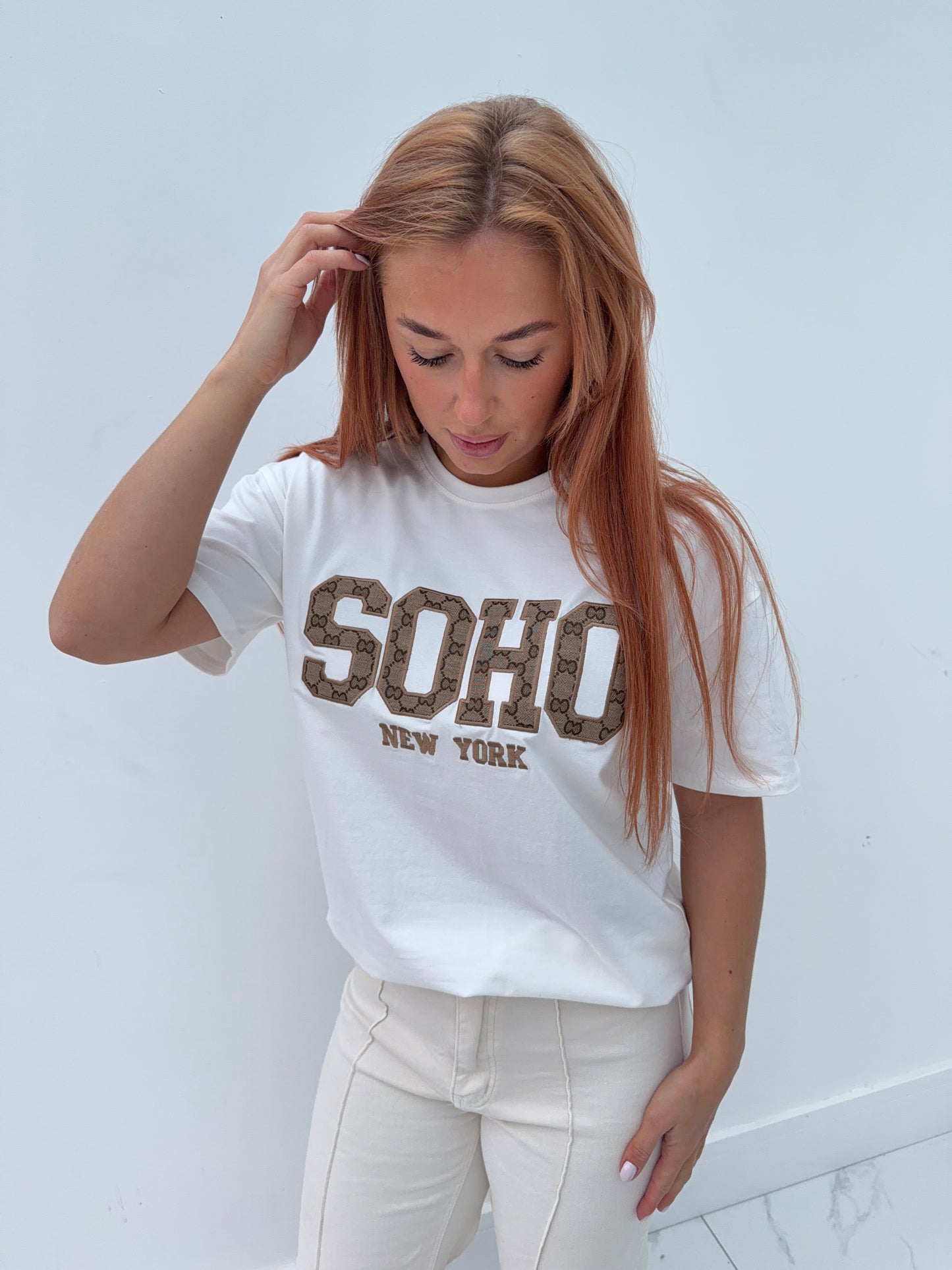 Soho Oversized Tee - White/Brown