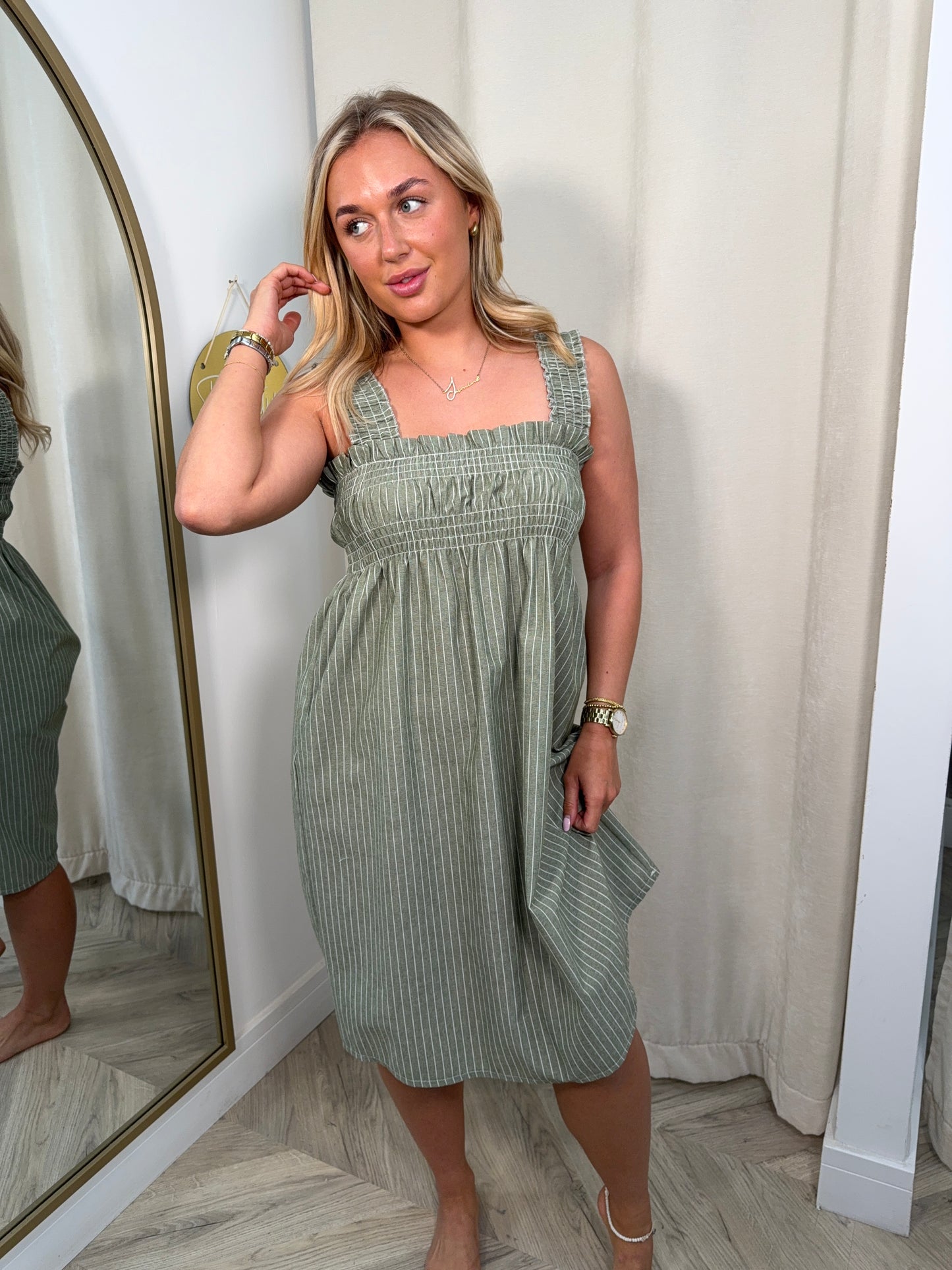 Clarissa Stripe Midi Dress - Khaki