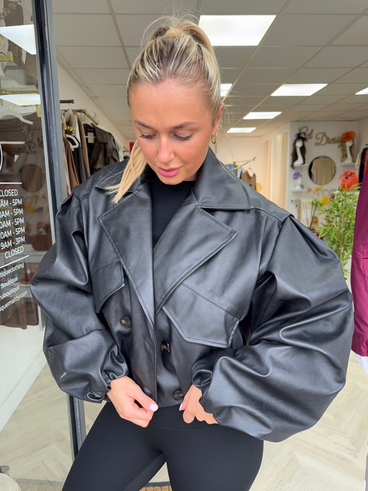 Ysella Leather Trench Bomber - BLACK