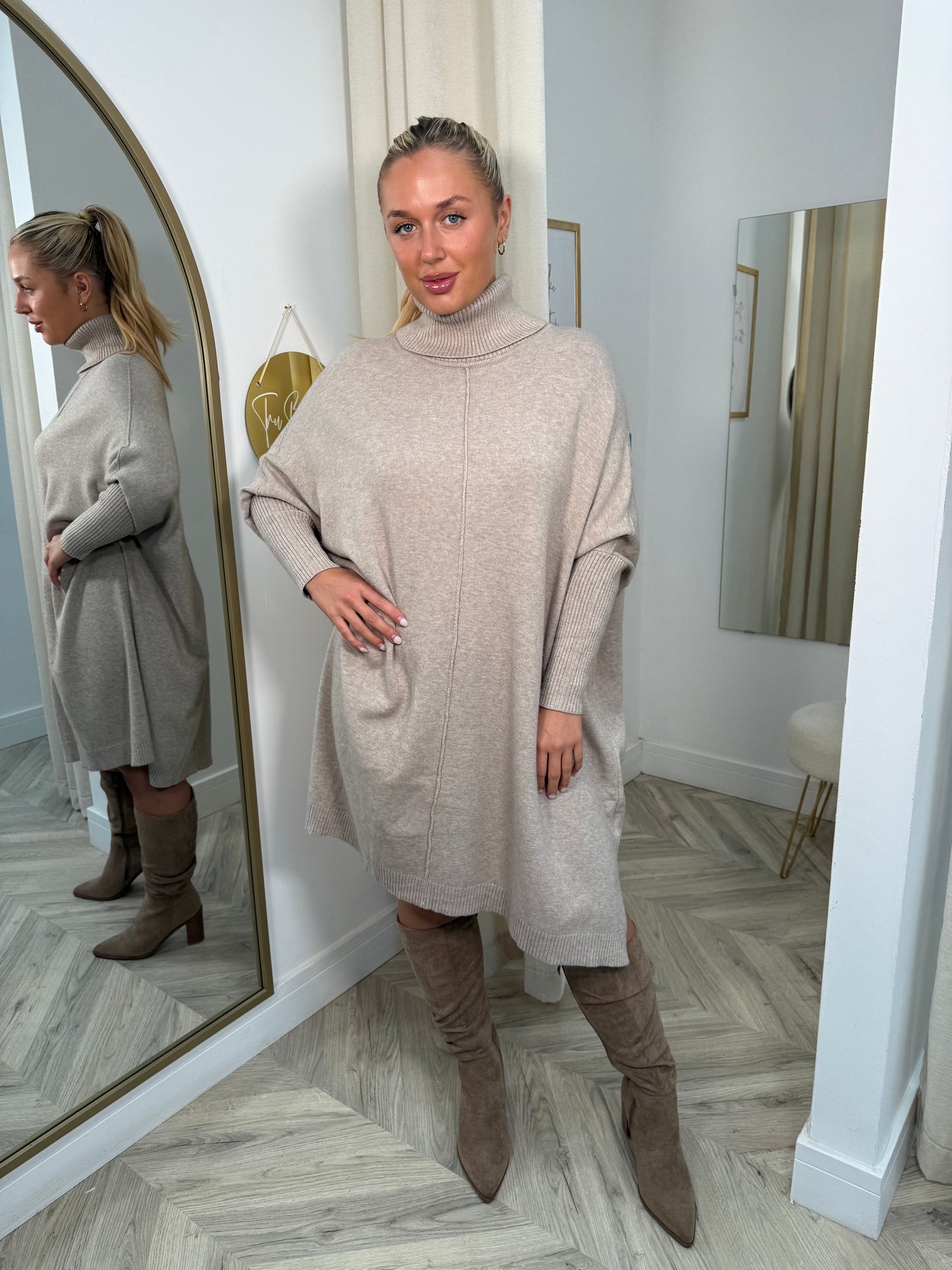 Juna High Neck Jumper Dress - Sand