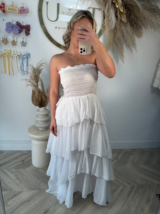 Priscilla Tiered Bandeau Maxi Dress - White
