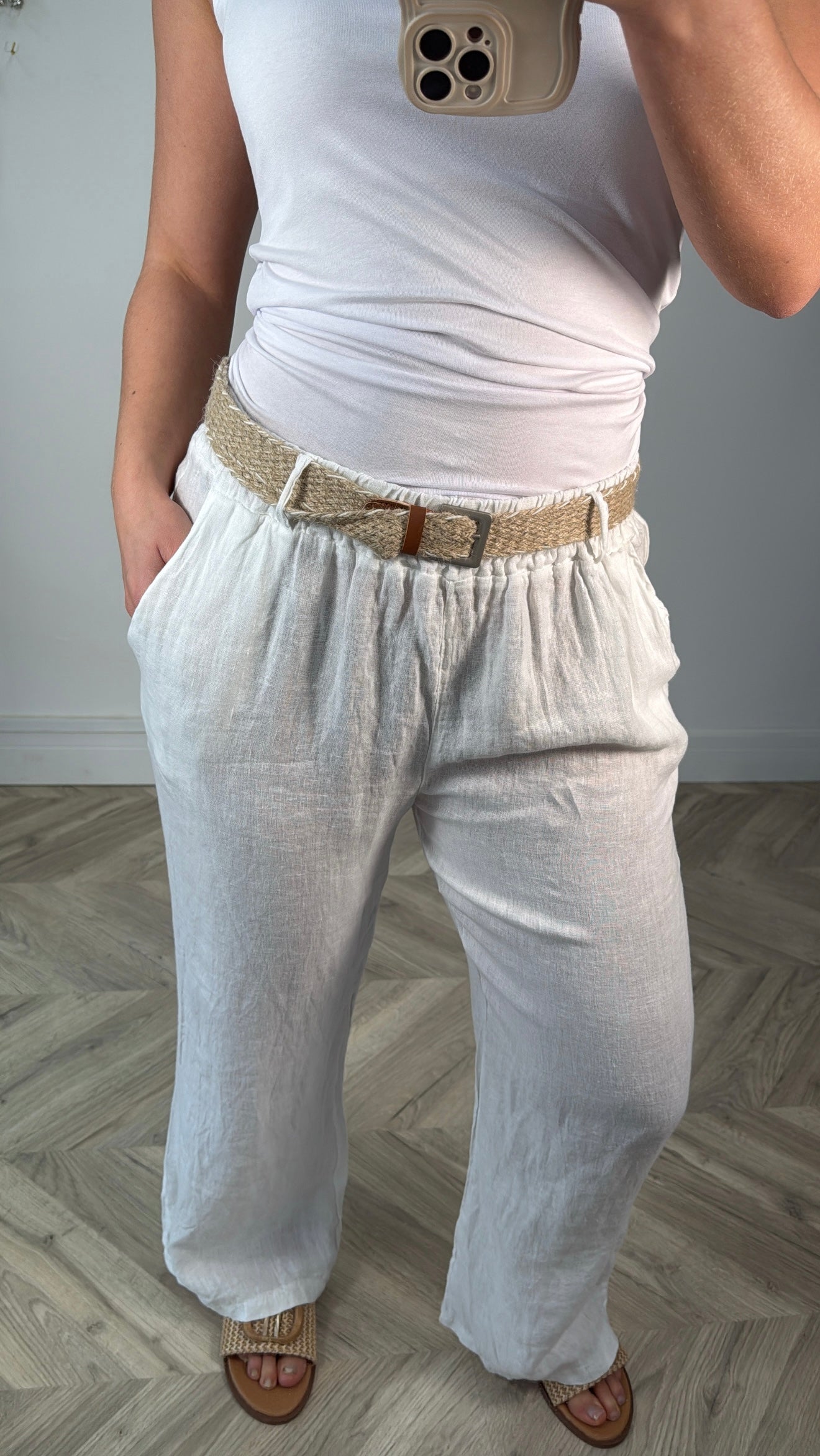 Prisha Belted Linen Trousers - White