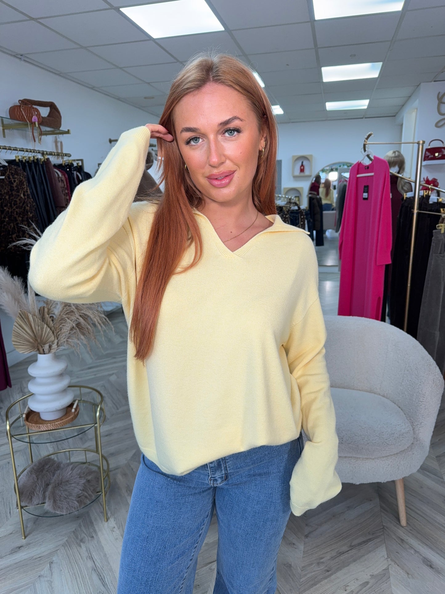 Erika V-Neck Long Sleeve Sweater - LEMON