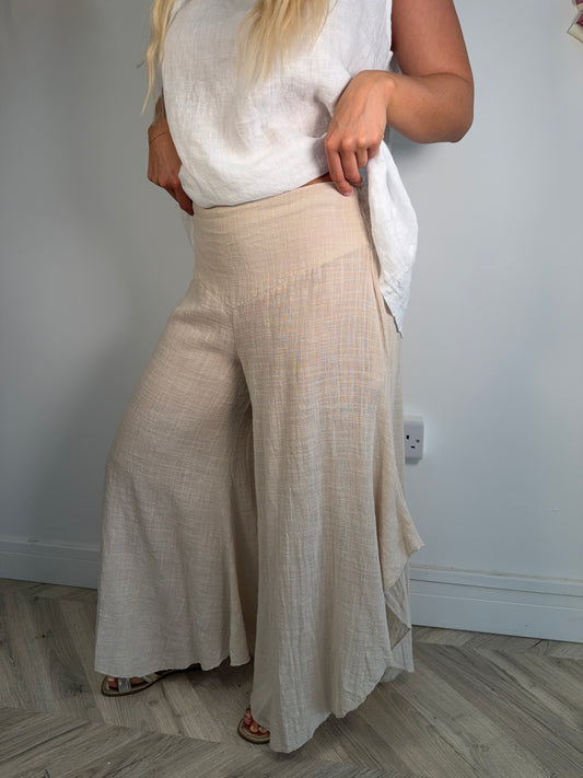 Linen Wide Plazio Trousers - Stone