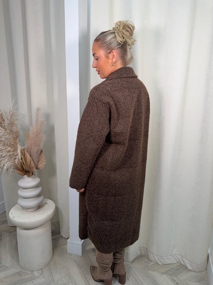 Odette Boucle Longline Coat - Dark Brown