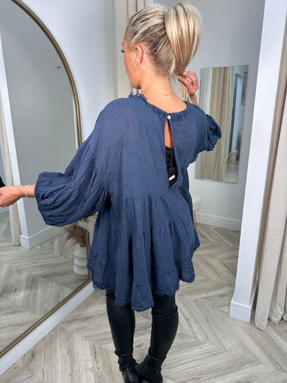 Navy Frayed Fleur Linen Top