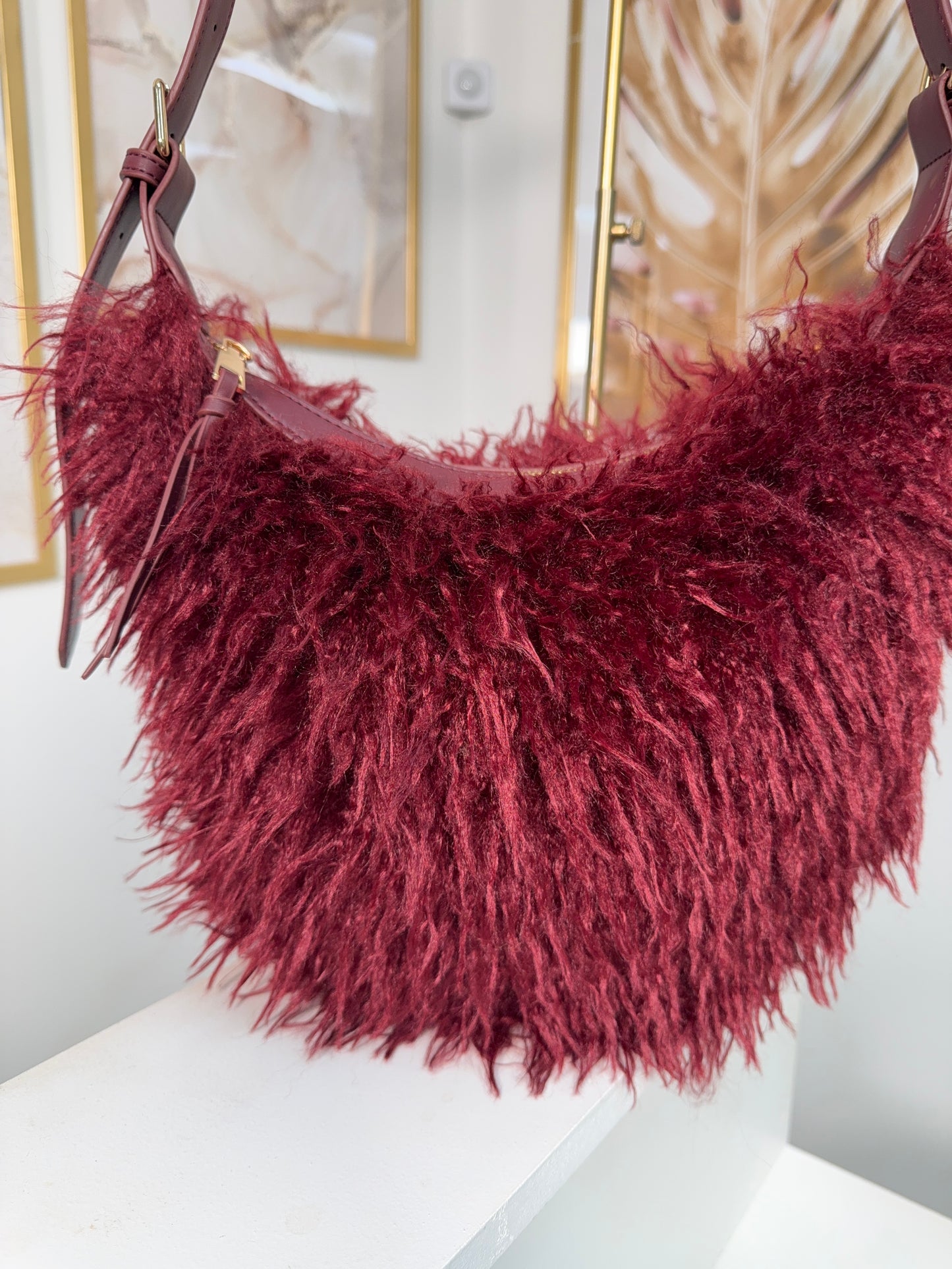 Cally Shaggy Fur Crossbody Bag - BURGUNDY