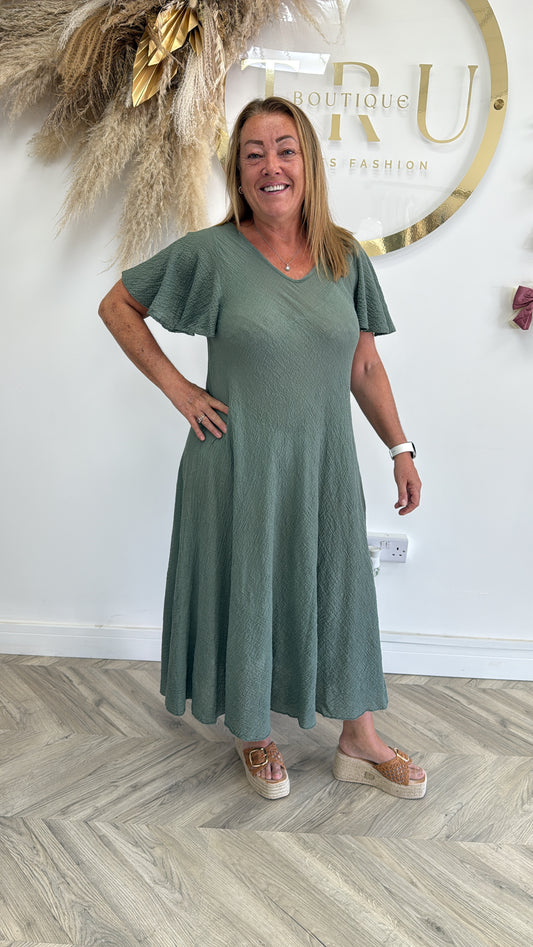 Sandy Frilly Sleeved Maxi Dress - Khaki