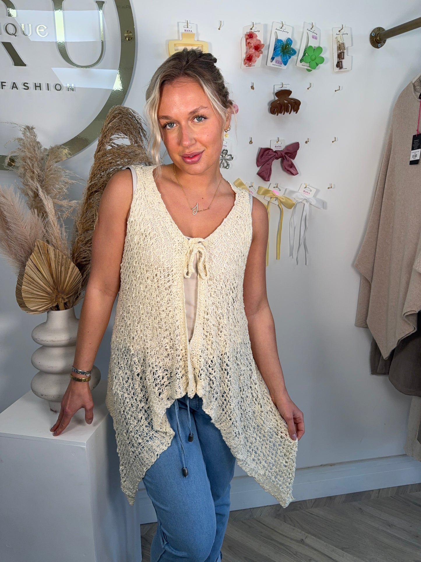 Popcorn Sleeveless Tie Front - Oat Milk