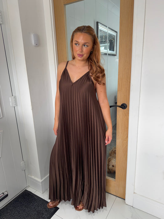 Arianna Pleated Strappy Maxi Dress - Brown