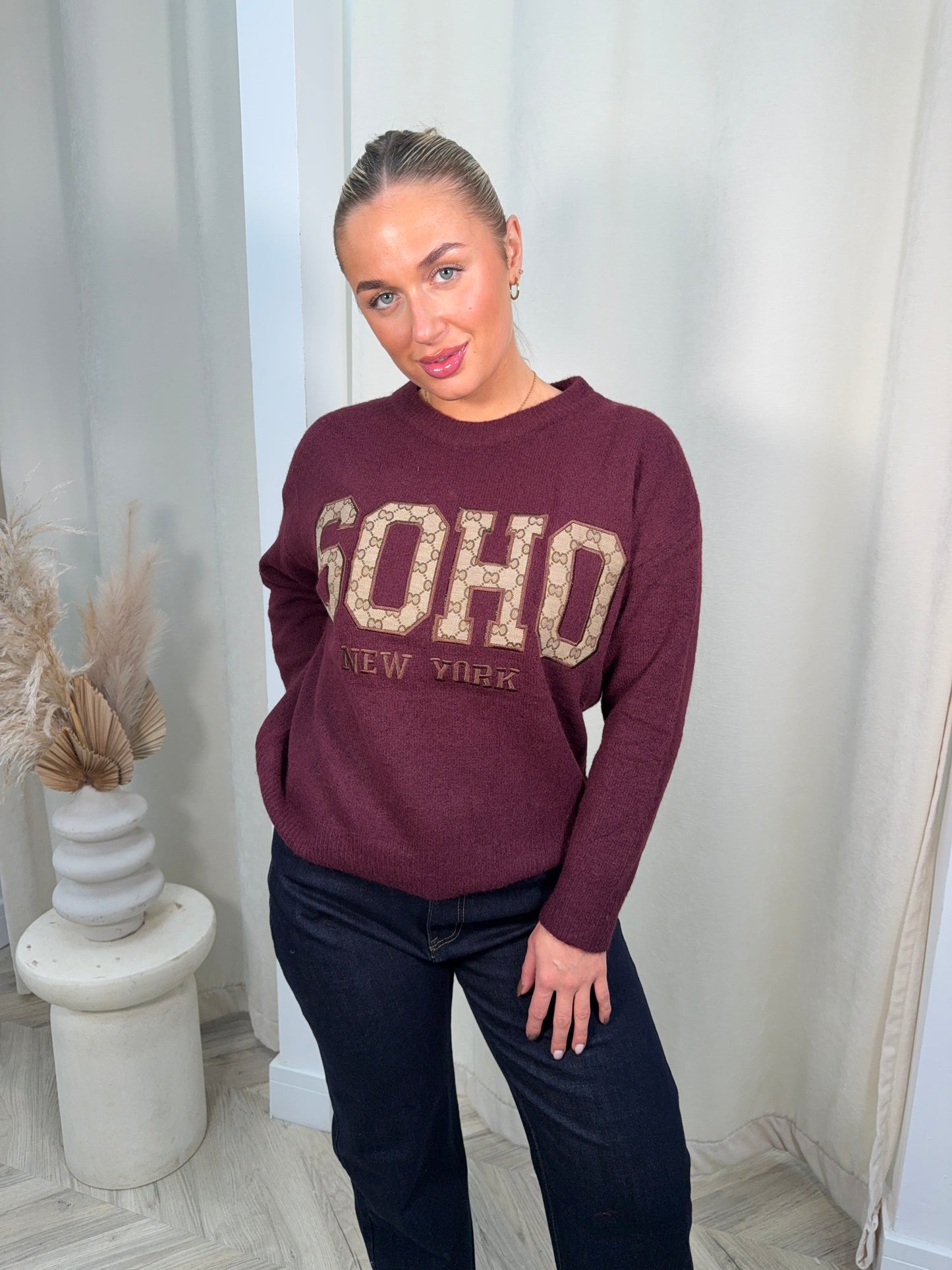 Knitted Soho Printed Sweater - Burgundy