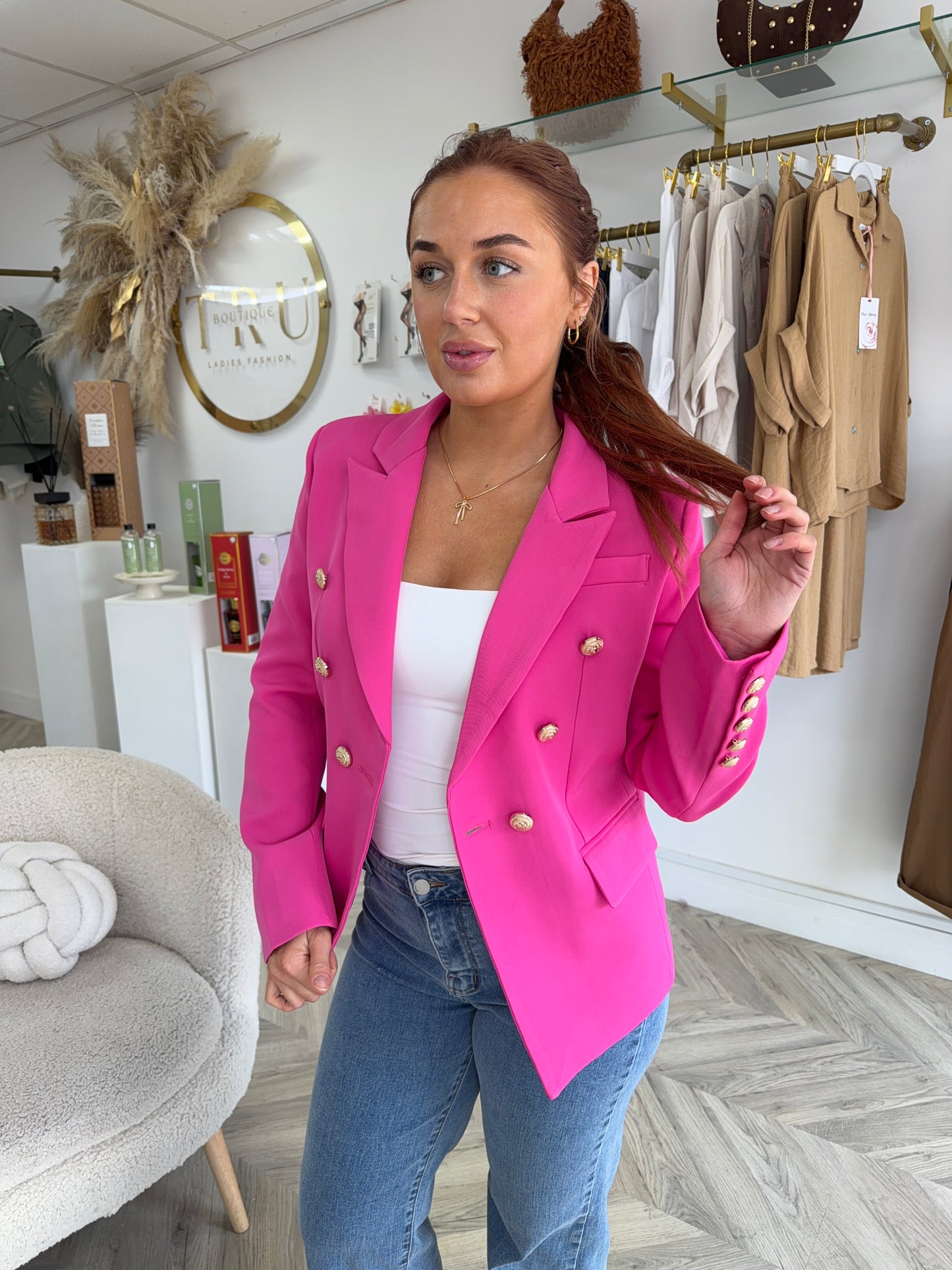 Harper Gold Buttoned Structured Blazer - Raspberry