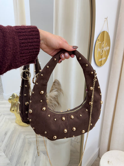 Celeste Suede Gold Detailed Bag - DARK BROWN