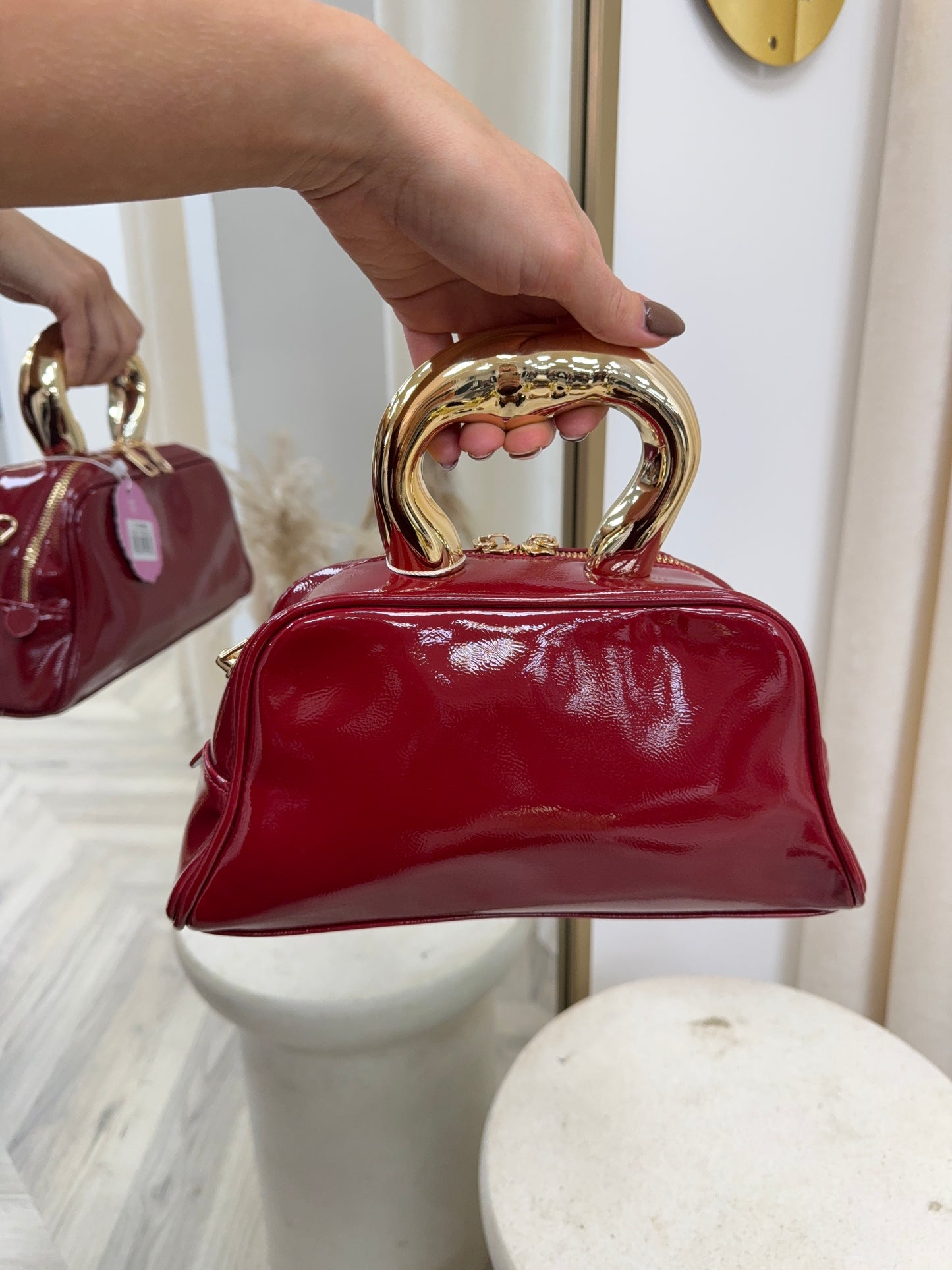 Thalia Vinyl Gold Hand Bag - Cherry Red