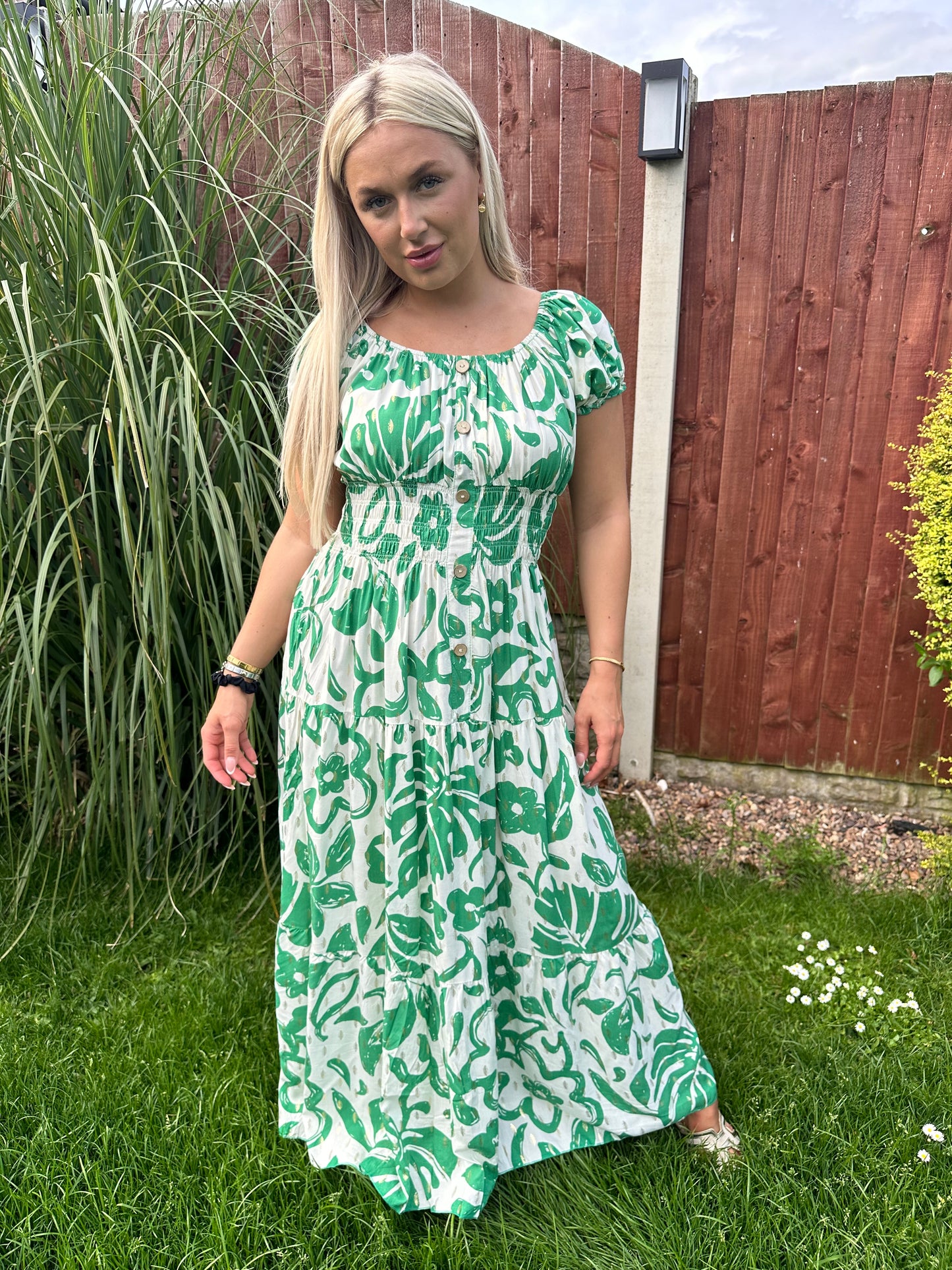 Green Belle Gold Foiled Maxi Dolly Dress