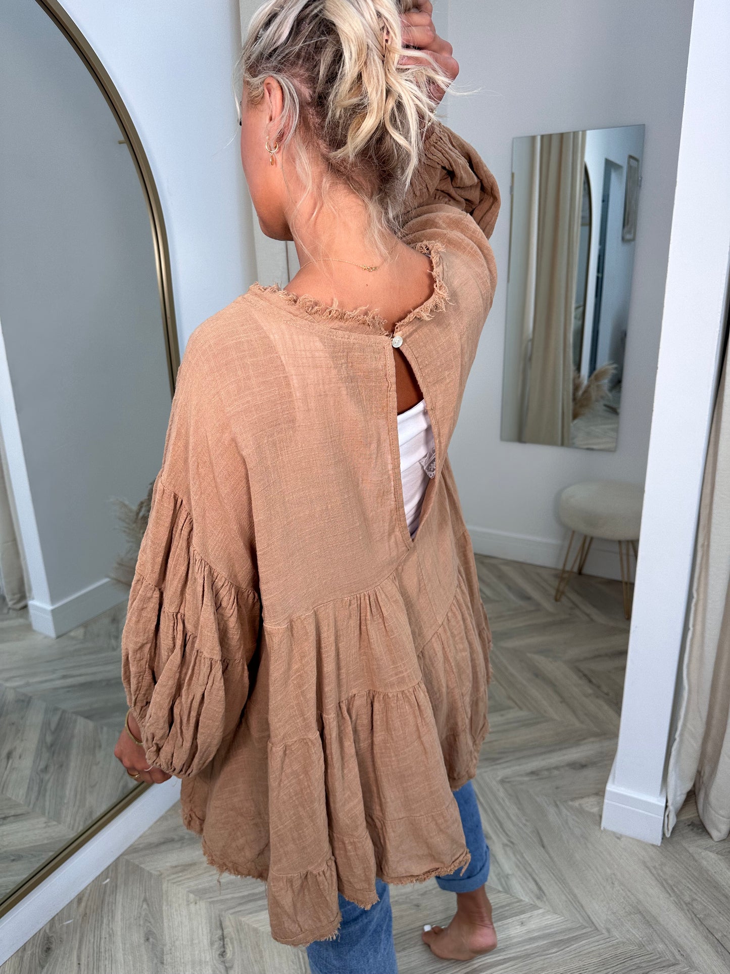 Camel Frayed Fleur Linen Top