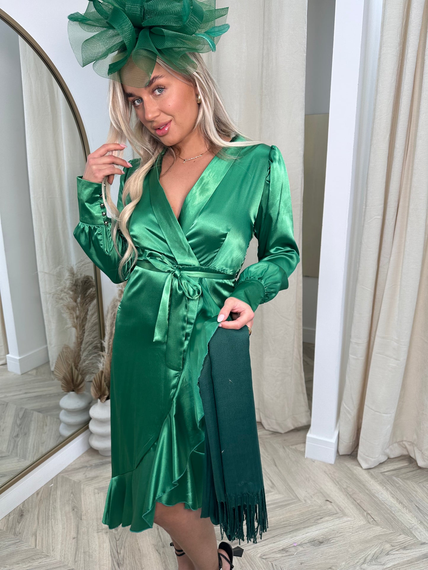 Satin Green Lacey Midi Dress