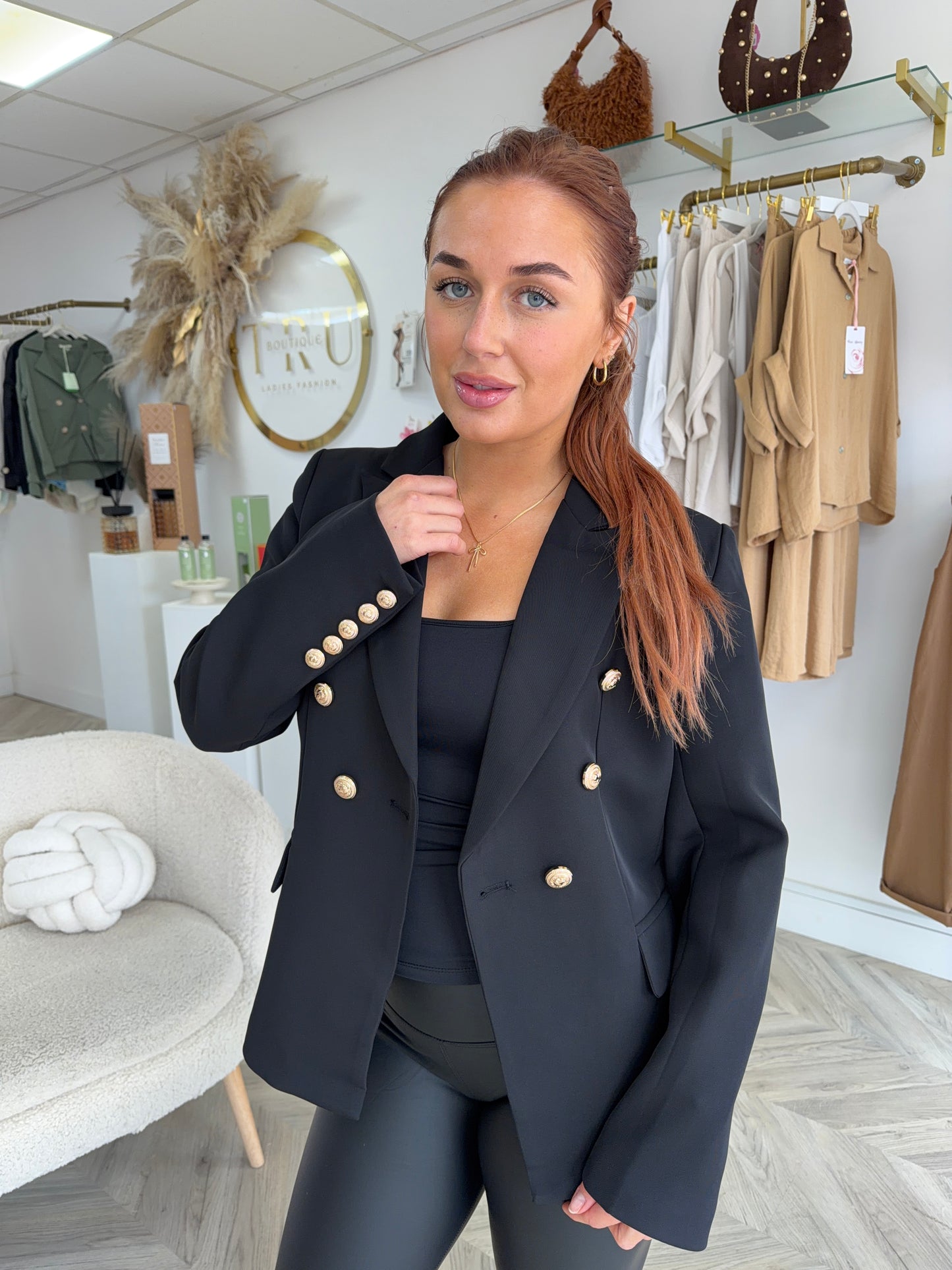 Harper Gold Buttoned Structured Blazer - Black