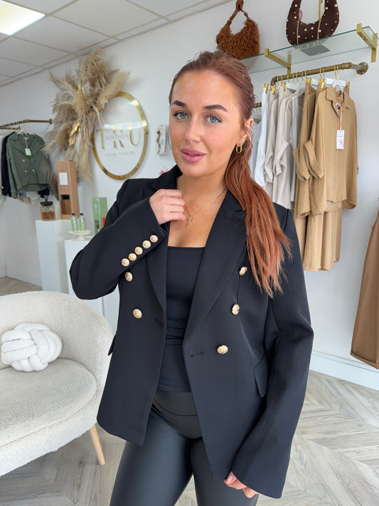 Harper Gold Buttoned Structured Blazer - Black