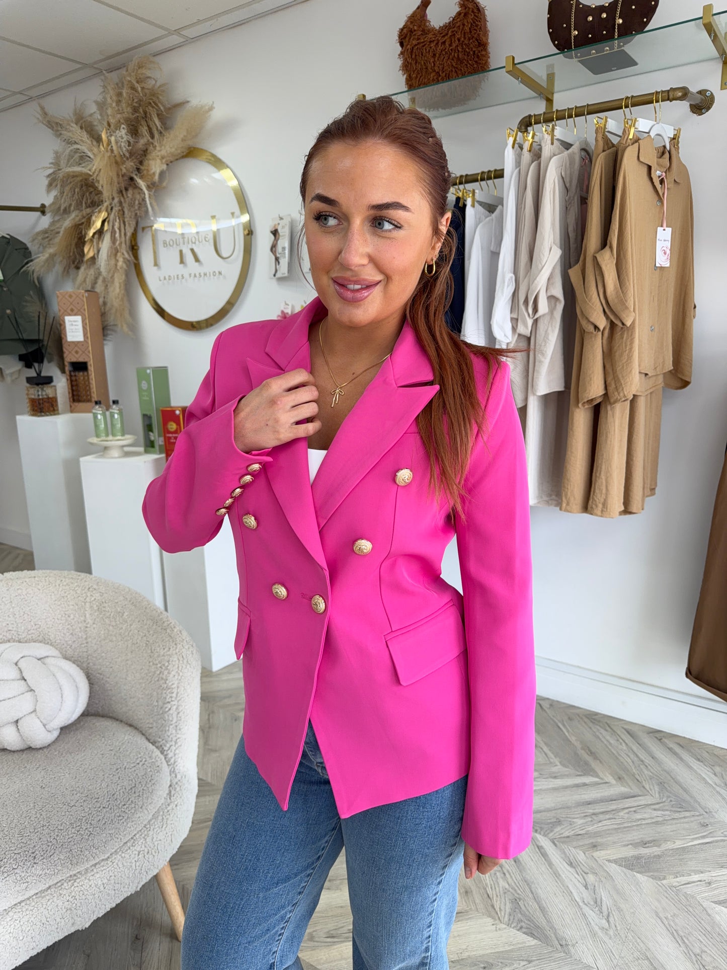 Harper Gold Buttoned Structured Blazer - Raspberry