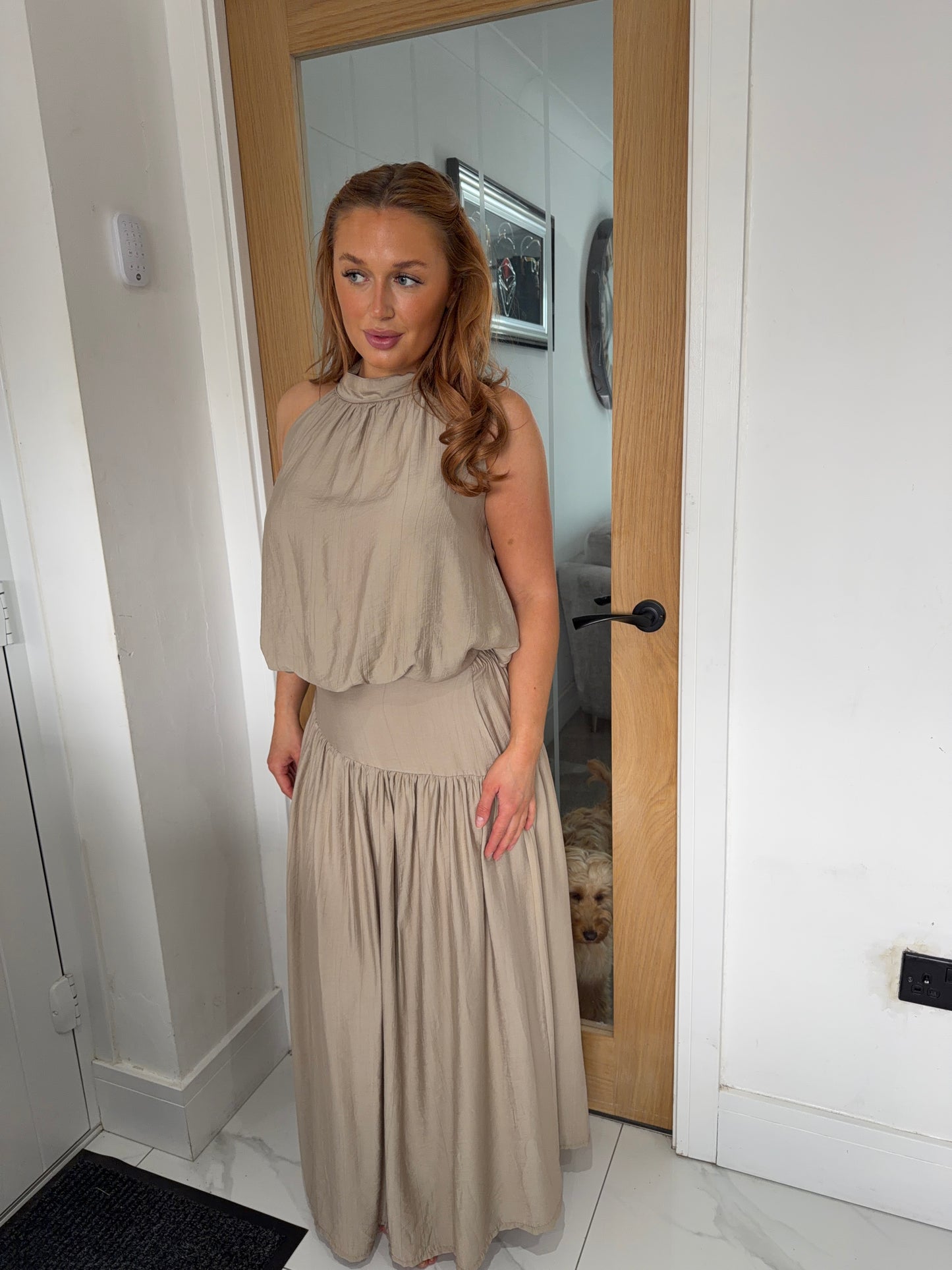 Ottilie Balloon Halterneck Top & Maxi Skirt Set - Beige