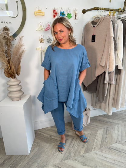 CURVE Safia Balloon Style Linen Trousers - Blue