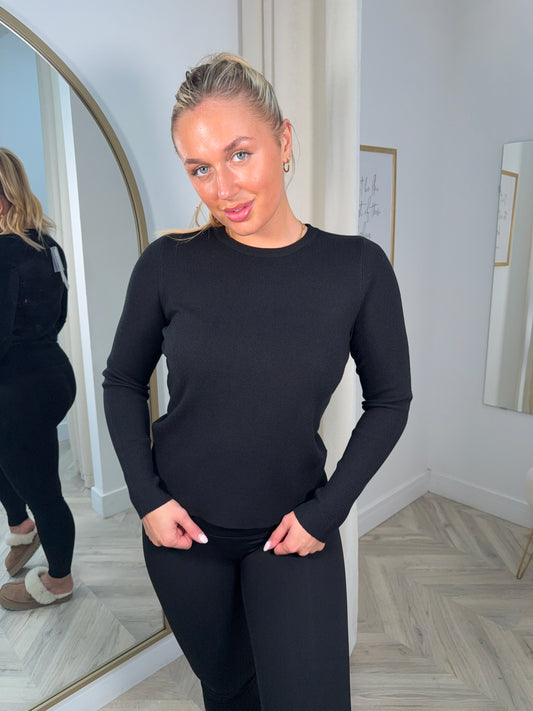Anna Basic Knitted Long Sleeve Top - BLACK