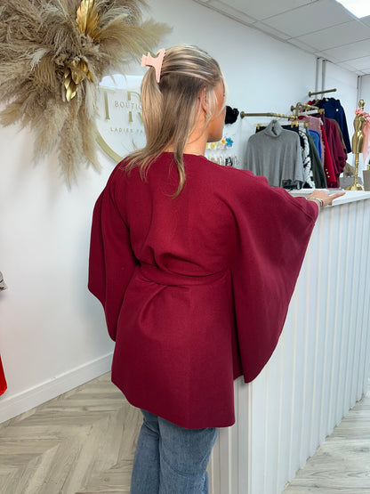 Valentina Tie Waist Cape - Burgundy