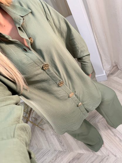 Debra Gold Buttoned Co-ord Set - Khaki